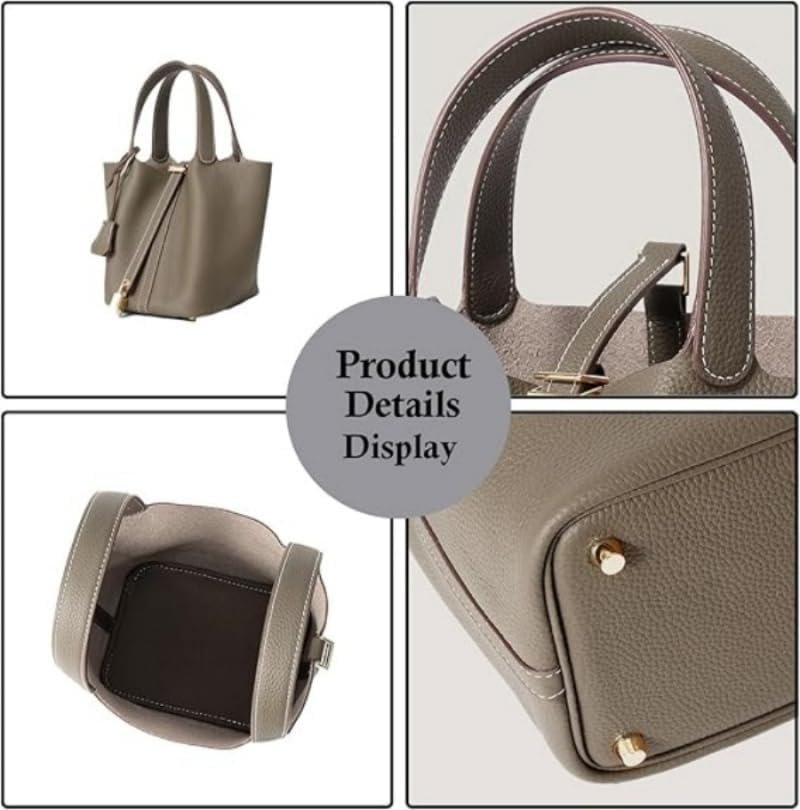 Genuine Leather Bucket Bag for Women: Lock Design Shoulder Handbag Versatile Top-Handle Tote Fashionable Vegetable Basket - Image 5