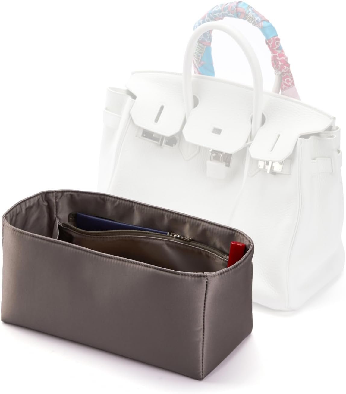 Universal Silk Purse Organizer Insert for Hermes Birkin Lindy 35 with Multiple Compartments and Zipper Pocket (Elephant Gray, 35)