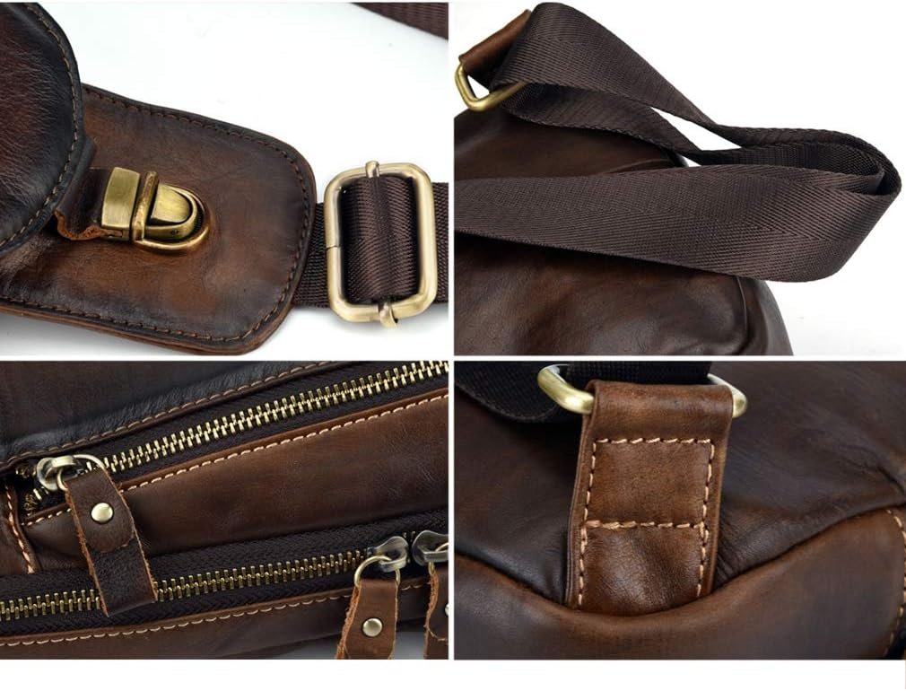 Hebetag Leather Sling Bag Crossbody Backpack for Men Women Outdoor Travel Camping Hiking Shoulder Chest Day Pouch Casual Vintage Sling Daypack Coffee - Image 6
