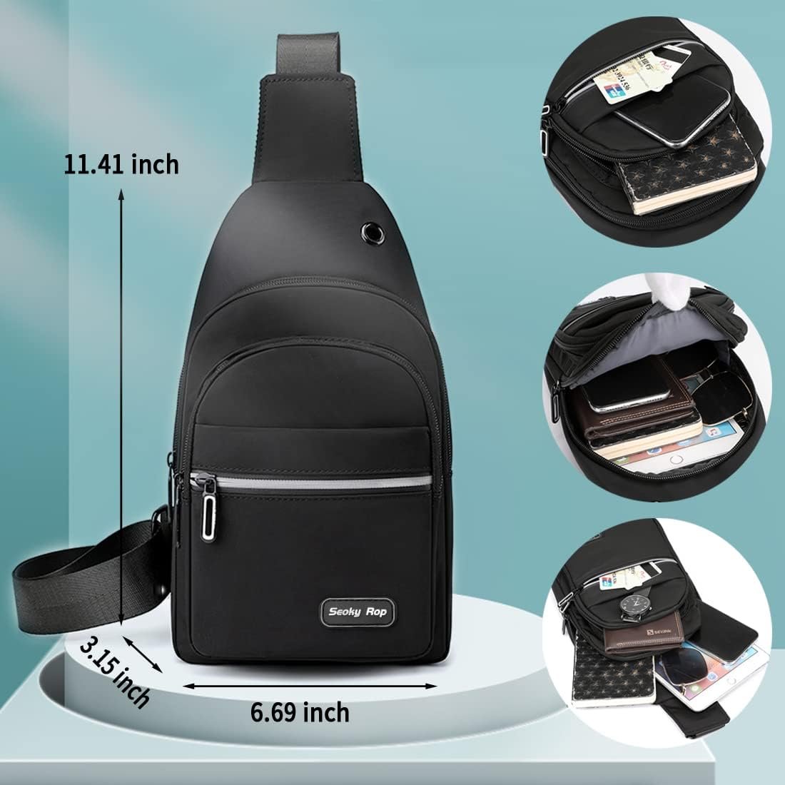Seoky Rop Sling Bag Crossbody Backpack for Men Women Small Chest Shoulder Bag for Travel Hiking Daypack Black - Image 4