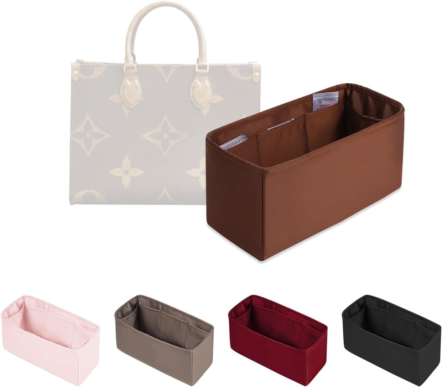 Organizer Insert for Onthego MM, Satin Purse Organizer for Luxury Bag, Lightweight and Soft Purse Dividers for Woman Handbags, Multiple Pockets with Organized Capacity (Gold, MM)