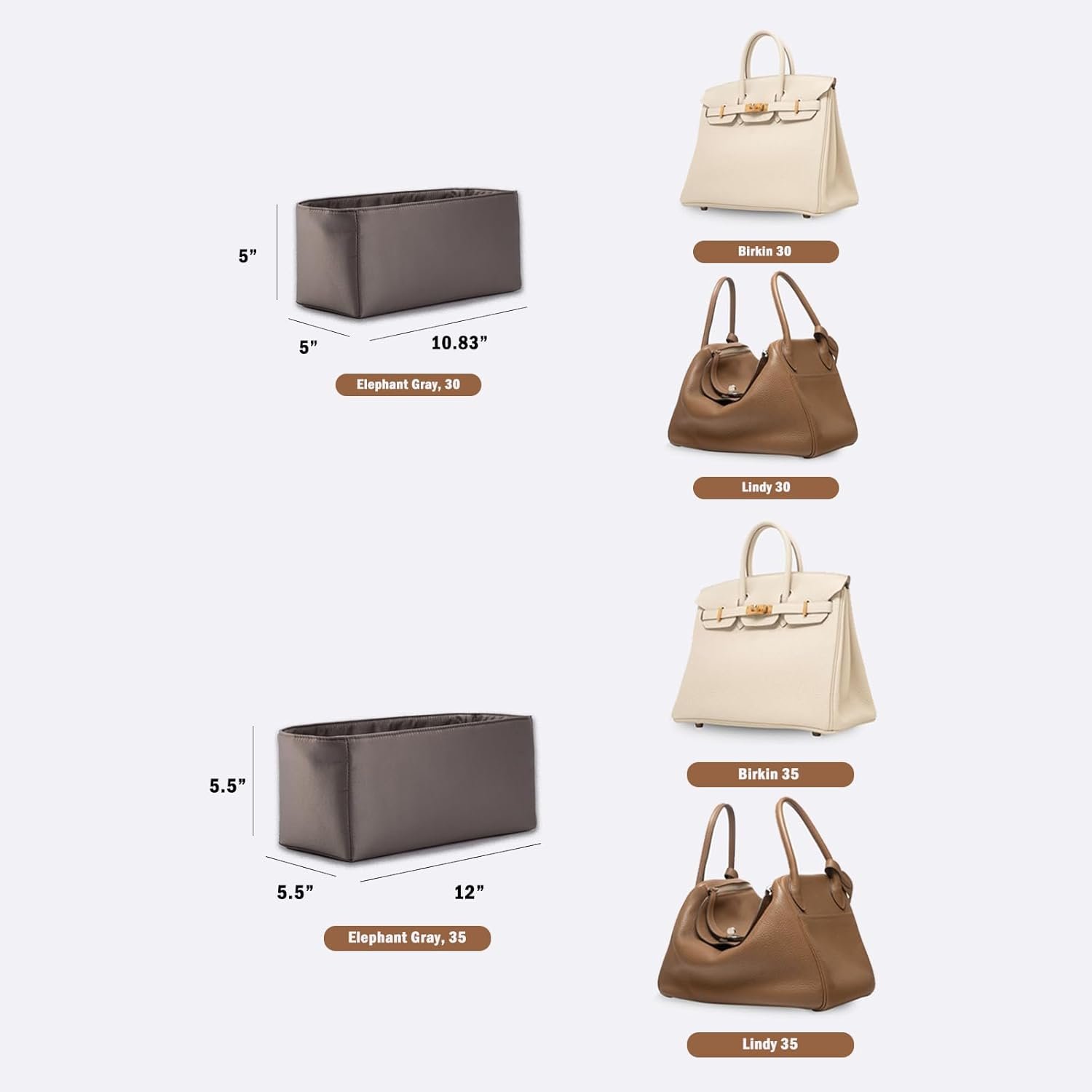 Universal Silk Purse Organizer Insert for Hermes Birkin Lindy 35 with Multiple Compartments and Zipper Pocket (Elephant Gray, 35) - Image 2