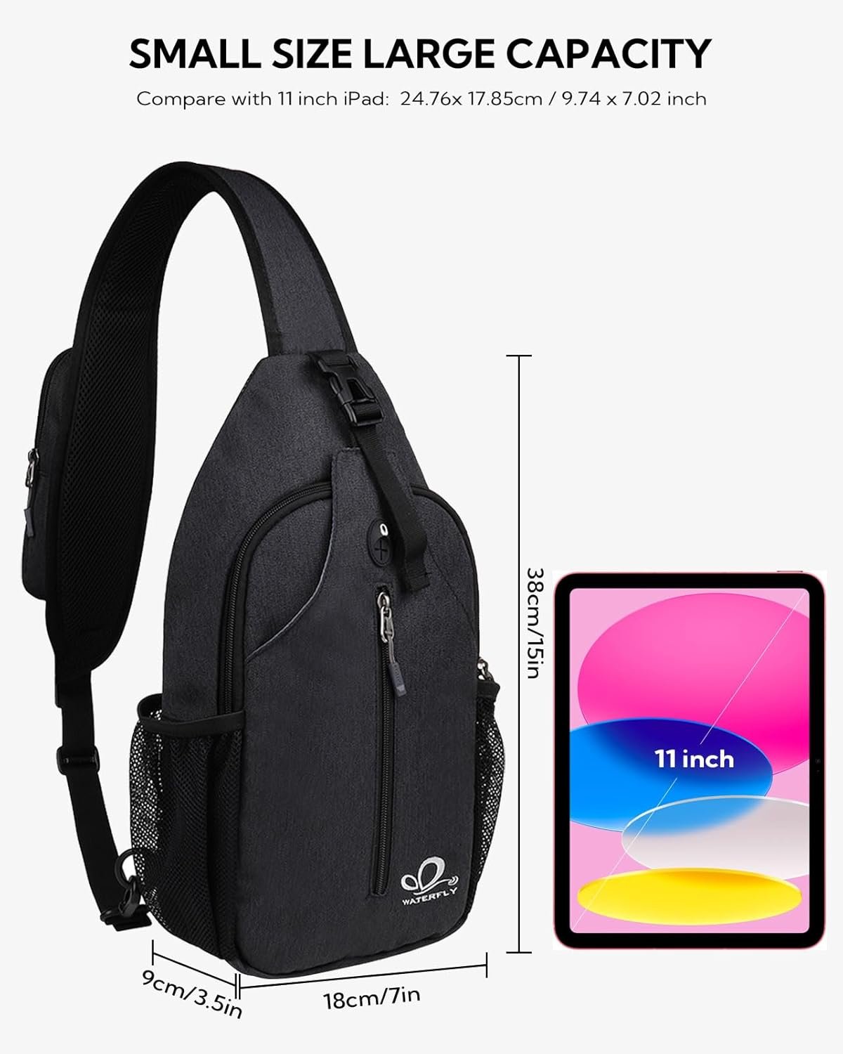 WATERFLY Crossbody Sling Backpack Sling Bag Travel Hiking Chest Bag Daypack (Black) - Image 2