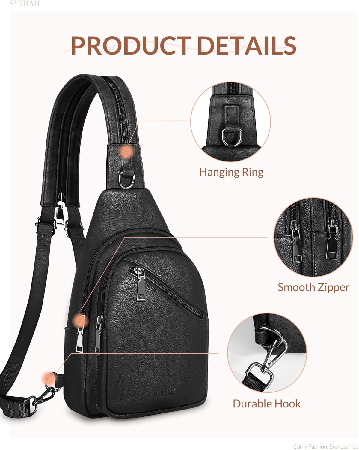 Sling Bag for Women, Crossbody Bags for Women Trendy Crossbody Purse Vegan Leather Sling Backpack Chest Bag with Dual Purpose Strap, Pure Black - Image 6