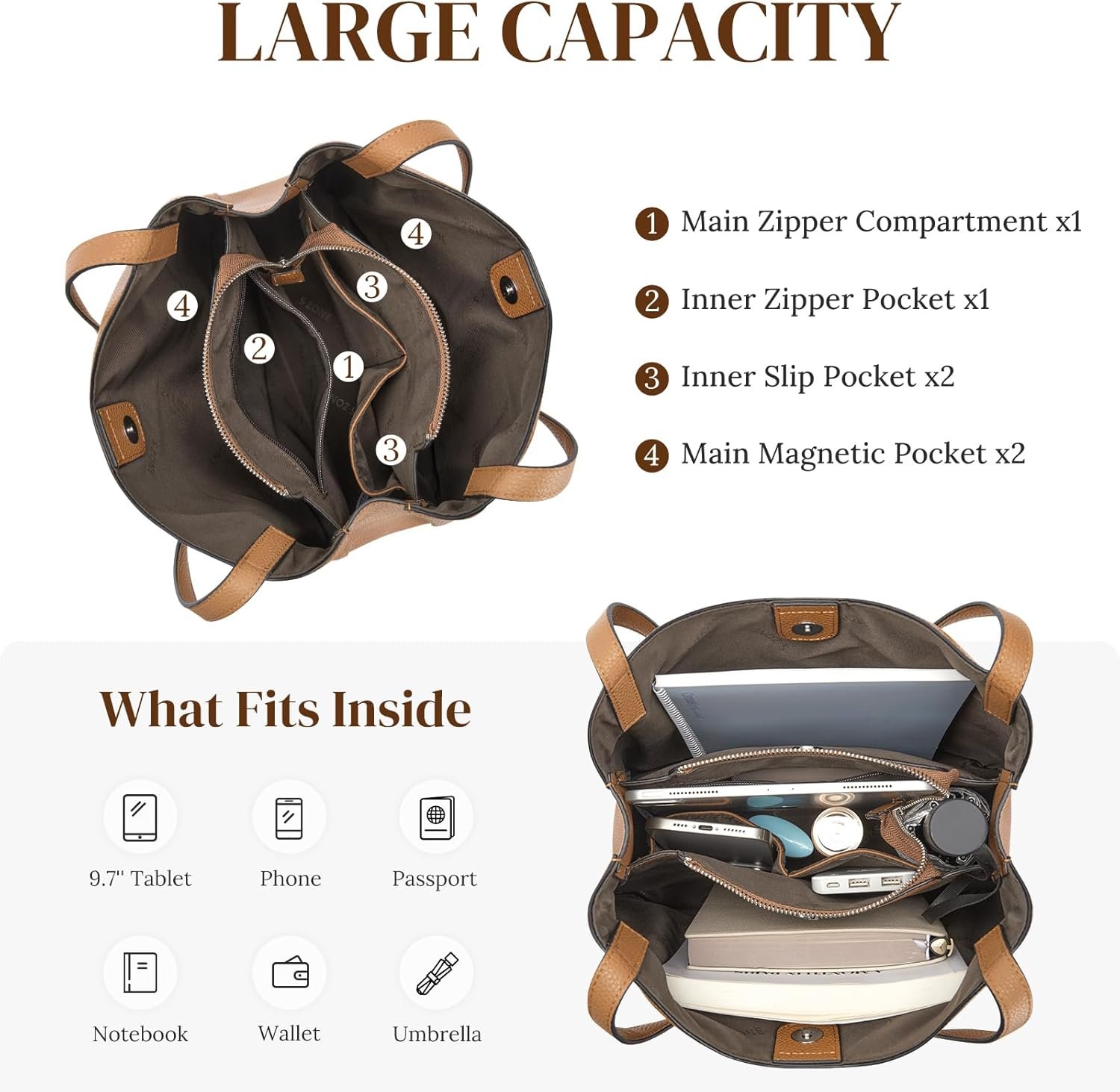 S-ZONE Soft Genuine Leather Tote Bag for Women, Shoulder Handbag with Zipper, Purses with Bottom Metal Rivets - Image 5