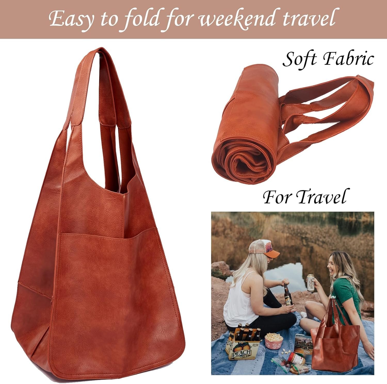 KlaOYer Oversized Leather Tote Bag Huge Capacity Work Hobo Pu Leather Bucket Purse And Handbag Large Soft Travel Shopping Bag - Image 4