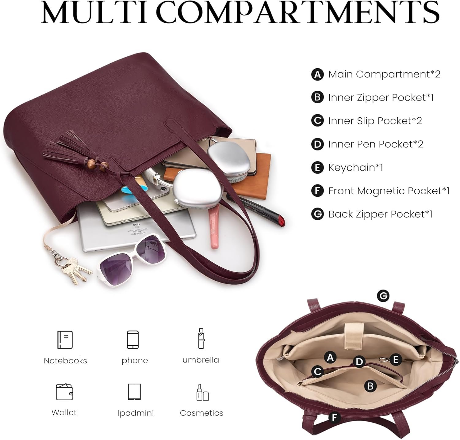 befen Genuine Leather Tote Bag for Women Work, Women's Tote Handbags Shoulder Satchel Purse with Compartments and Tassel - Image 3