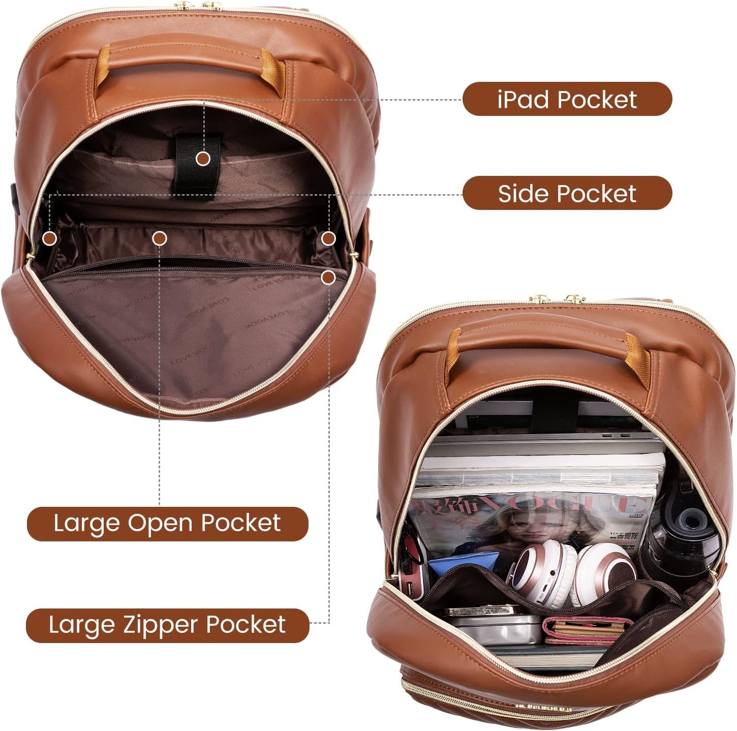 LOVEVOOK Laptop Backpack Purse for Women, Large Capacity Travel Computer Work Bag, Faux PU Leather Quilted Casual Nurse Backpack for Womens, Fit 15.6 Inch Laptop with USB Port, Brown - Image 3