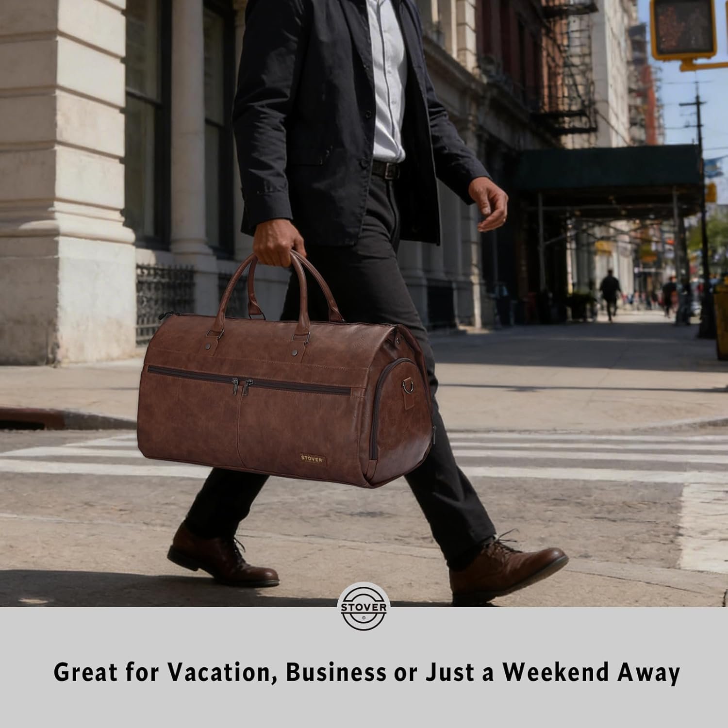 STOVER Garment Travel Duffle Bag, Large 2-in-1 Convertible Carry-on Luggage for Men & Women- Hanging Suits, Dresses & Clothes + Shoe Compartment- Weekender Tote Combo Duffel (Brown Leatherette) - Image 6