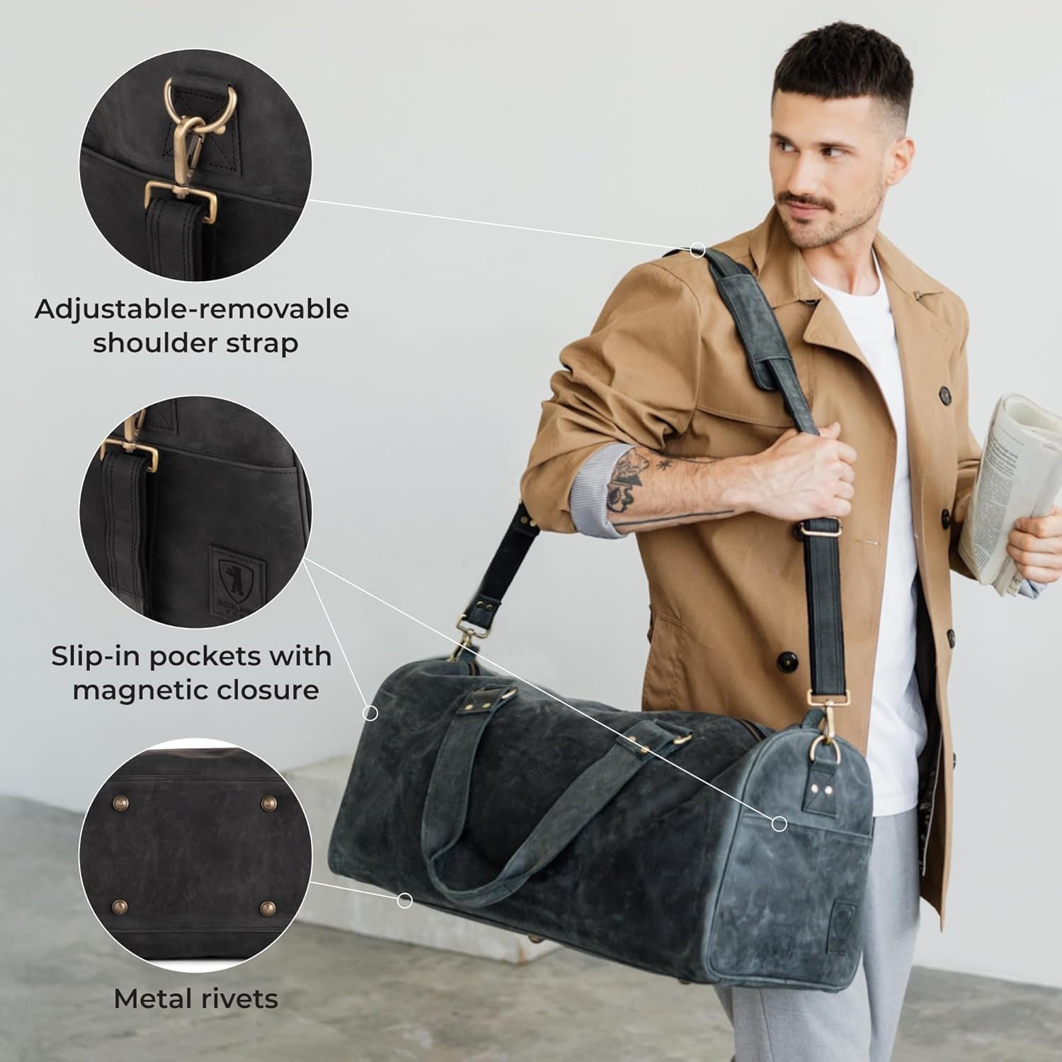 Berliner Bags Vintage Genuine Leather Duffle Bag Oslo for Travel or the Gym, Weekender, Travel Bag, Overnight Bag for Men and Women - Brown - Dark Grey - Image 5