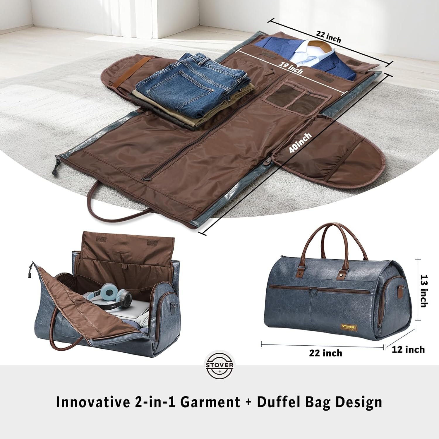 STOVER Garment Travel Duffle Bag, Large 2-in-1 Convertible Carry-on Luggage for Men & Women- Hanging Suits, Dresses & Clothes + Shoe Compartment- Weekender Tote Combo Duffel (Blue Leatherette) - Image 2