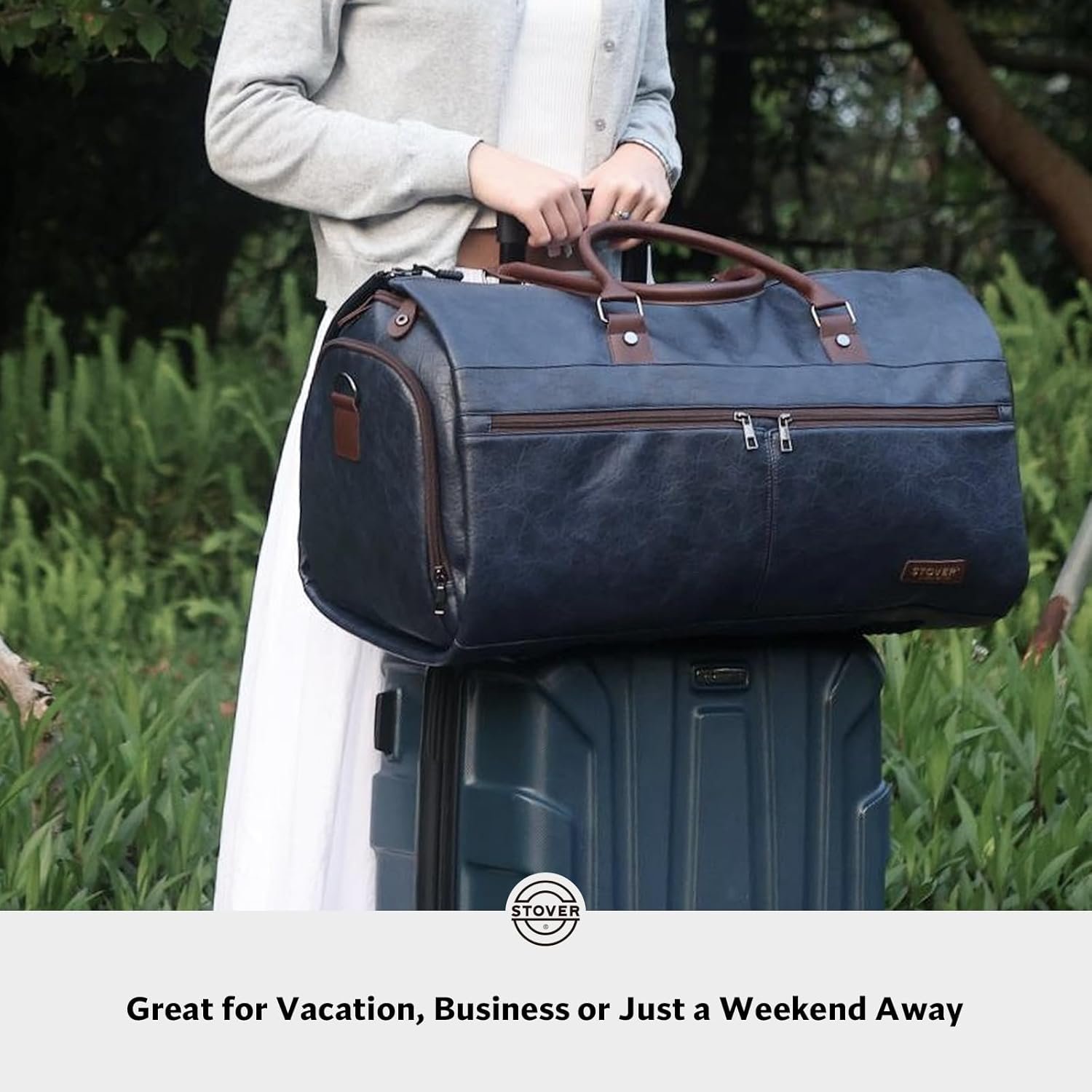 STOVER Garment Travel Duffle Bag, Large 2-in-1 Convertible Carry-on Luggage for Men & Women- Hanging Suits, Dresses & Clothes + Shoe Compartment- Weekender Tote Combo Duffel (Blue Leatherette) - Image 6