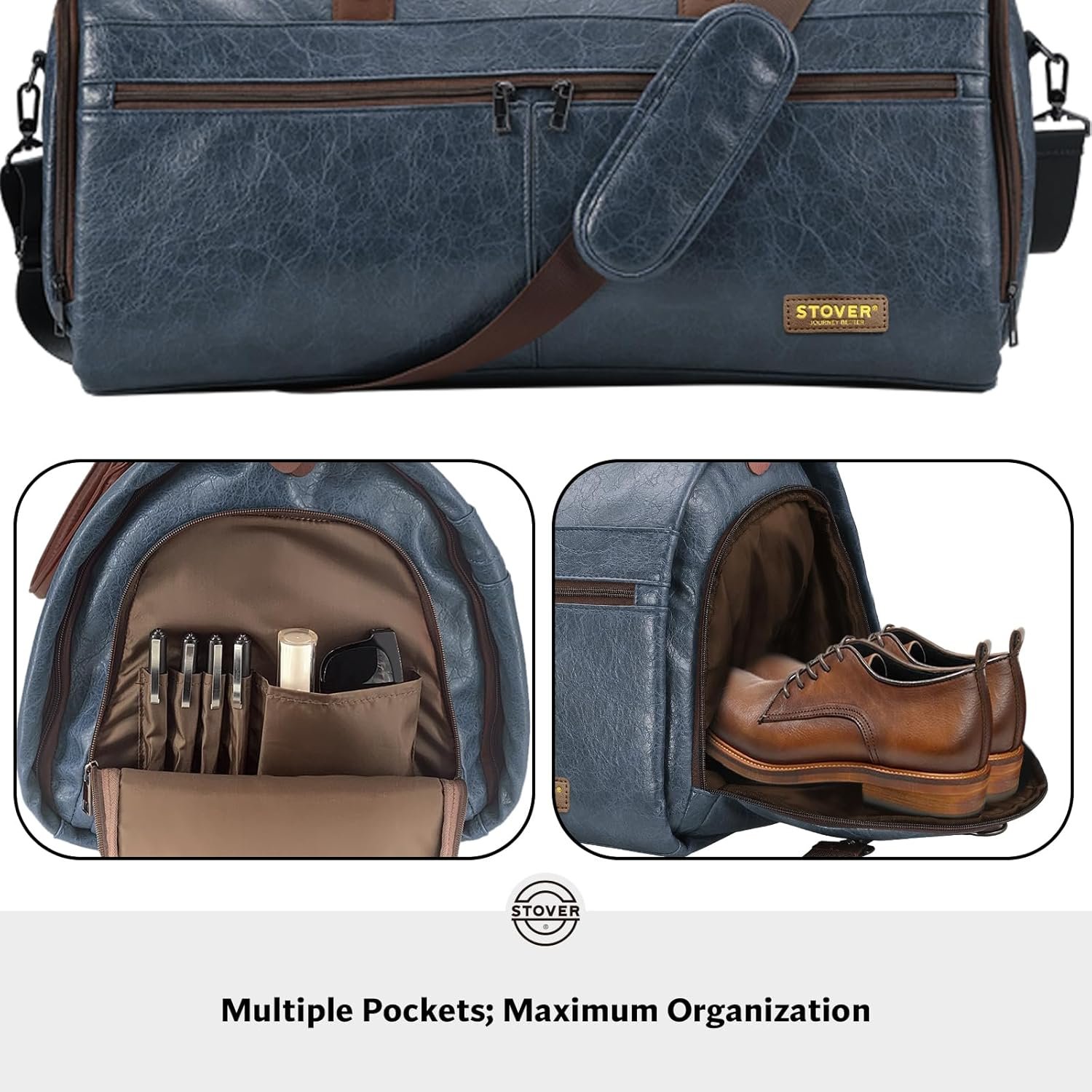 STOVER Garment Travel Duffle Bag, Large 2-in-1 Convertible Carry-on Luggage for Men & Women- Hanging Suits, Dresses & Clothes + Shoe Compartment- Weekender Tote Combo Duffel (Blue Leatherette) - Image 5