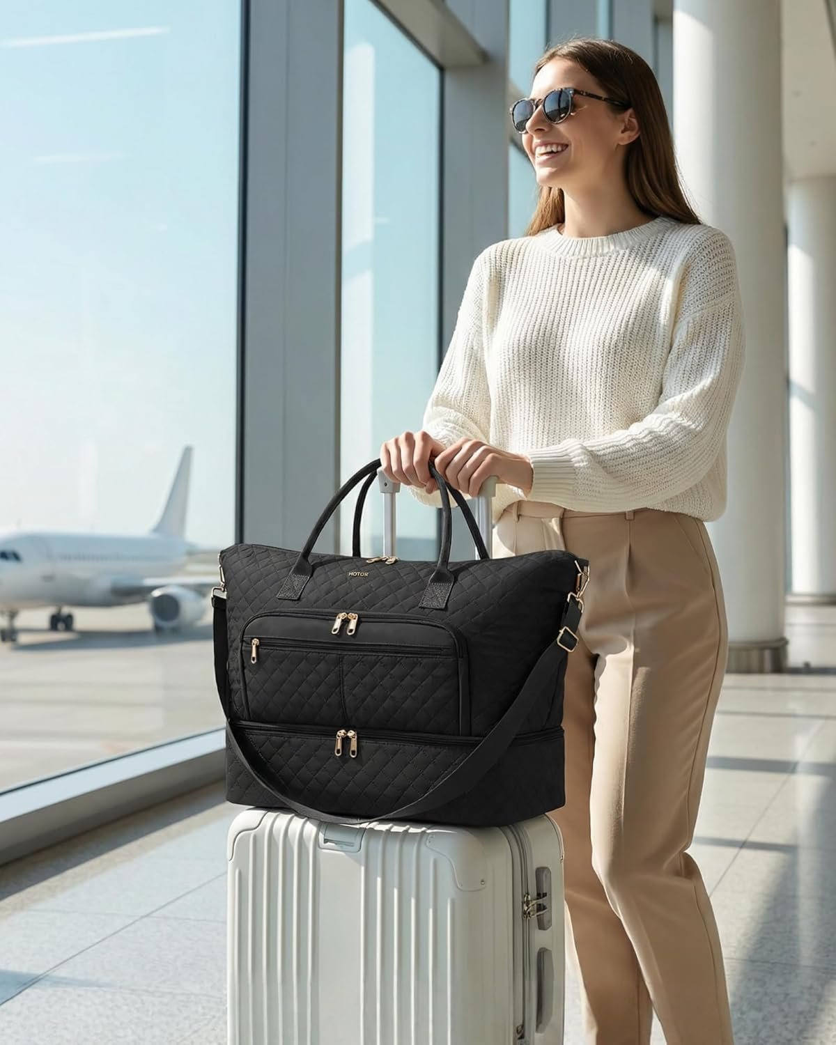 HOTOR Travel Duffle Bag for Women - Carry on Bag with Toiletry Pouch & Shoe Compartment, Large Overnight Weekender Bags for Gym, Business Trips, Sports and Hospital, Black, 17.3" x 7.9" x 13.4" - Image 2