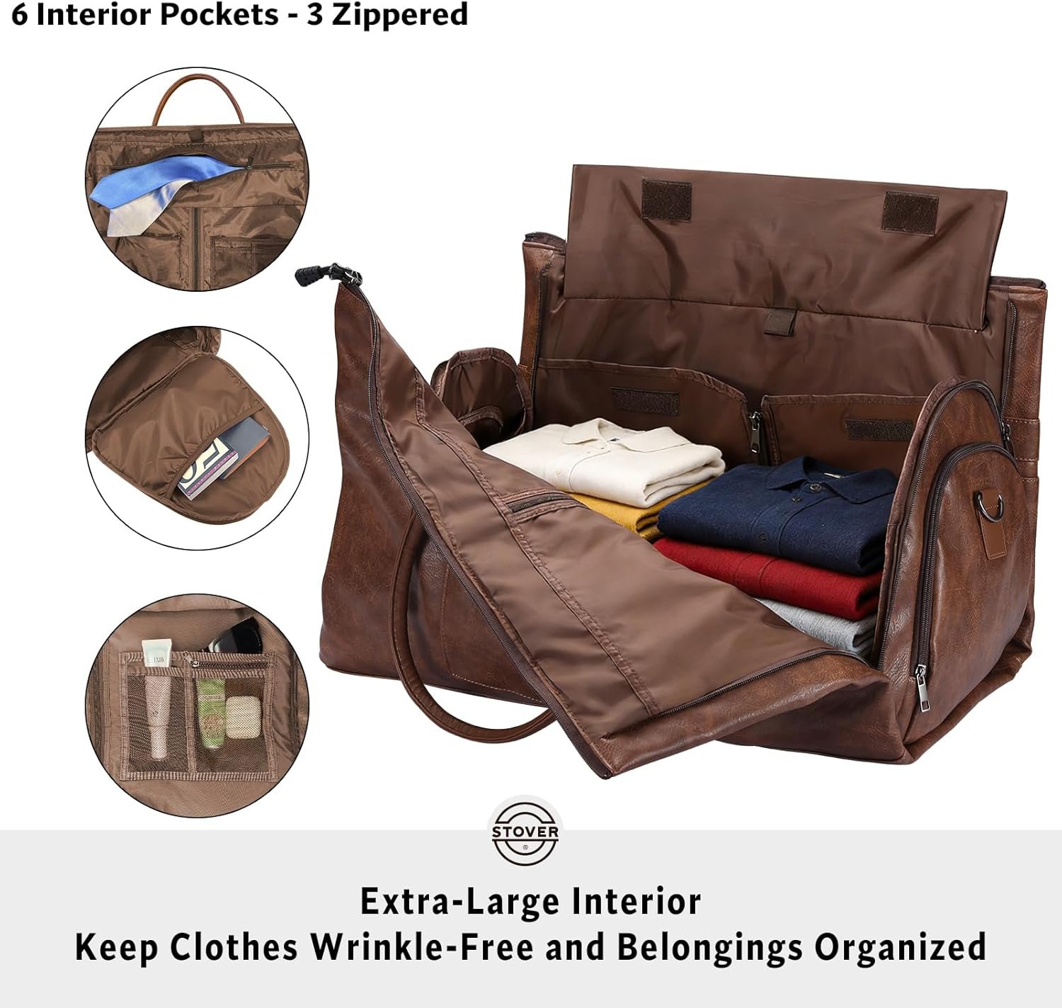 STOVER Garment Travel Duffle Bag, Large 2-in-1 Convertible Carry-on Luggage for Men & Women- Hanging Suits, Dresses & Clothes + Shoe Compartment- Weekender Tote Combo Duffel (Brown Leatherette) - Image 3