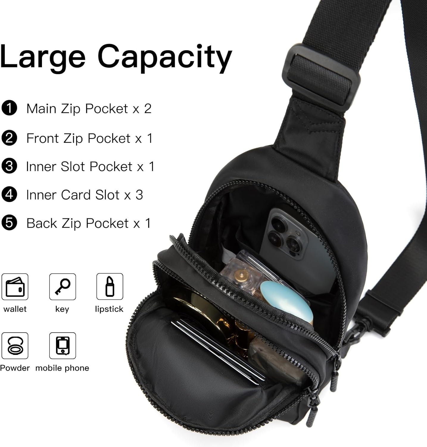 Small Sling Bag Crossbody Bag for Women with 4 Pockets Cross Body Fanny Pack Womens Chest Bag for Outdoors Traveling - Image 3