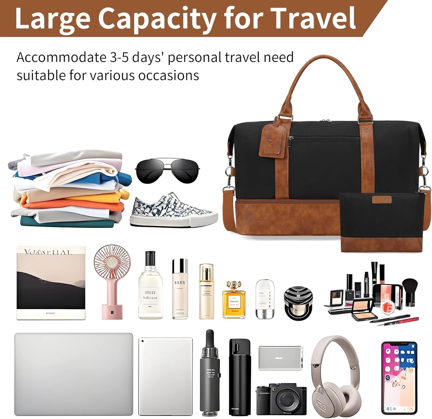 Oeihuivt Weekender Bags for Women - 21 Inch Large Travel Duffel Bag 2-Piece Set with Shoe Compartment, Heavy-Duty Canvas Leather Carry On Overnight Tote - Image 3