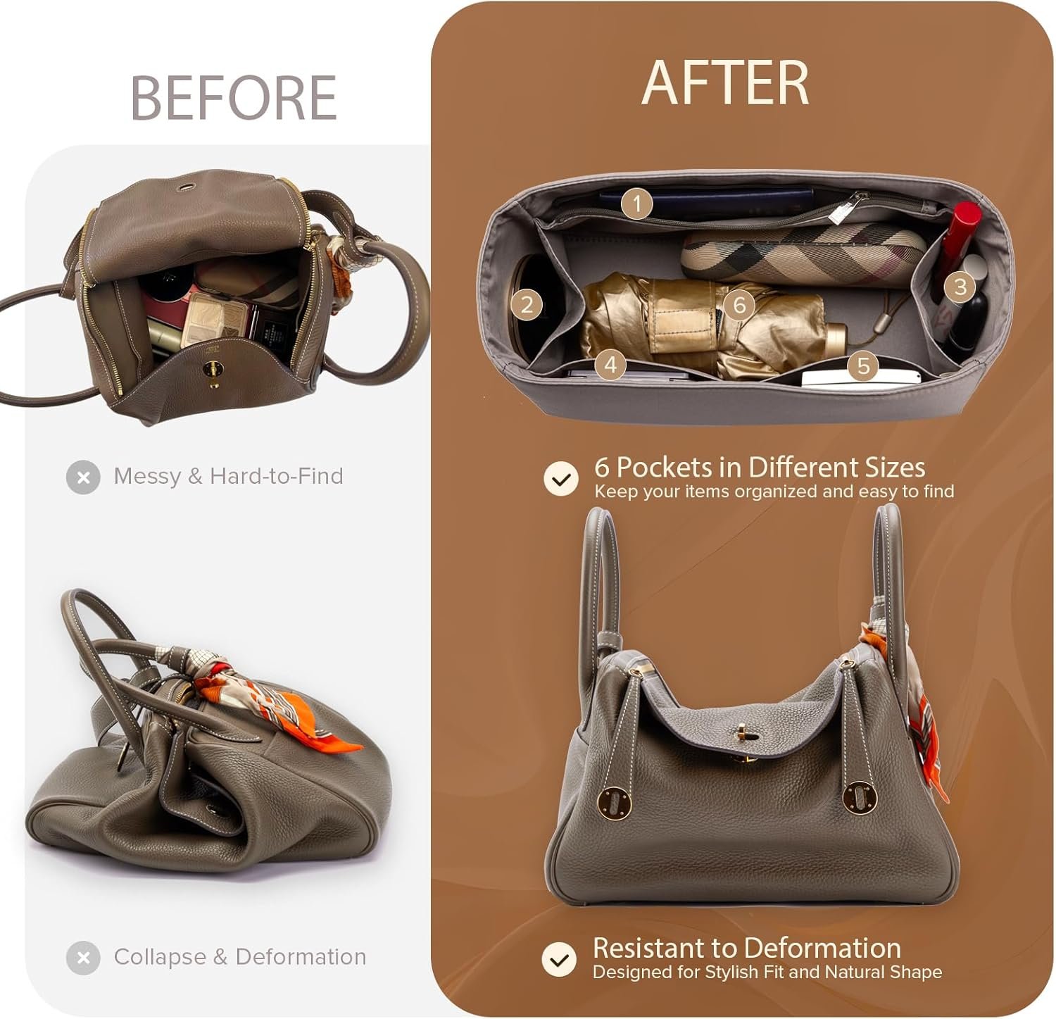 Universal Silk Purse Organizer Insert for Hermes Birkin Lindy 35 with Multiple Compartments and Zipper Pocket (Elephant Gray, 35) - Image 3