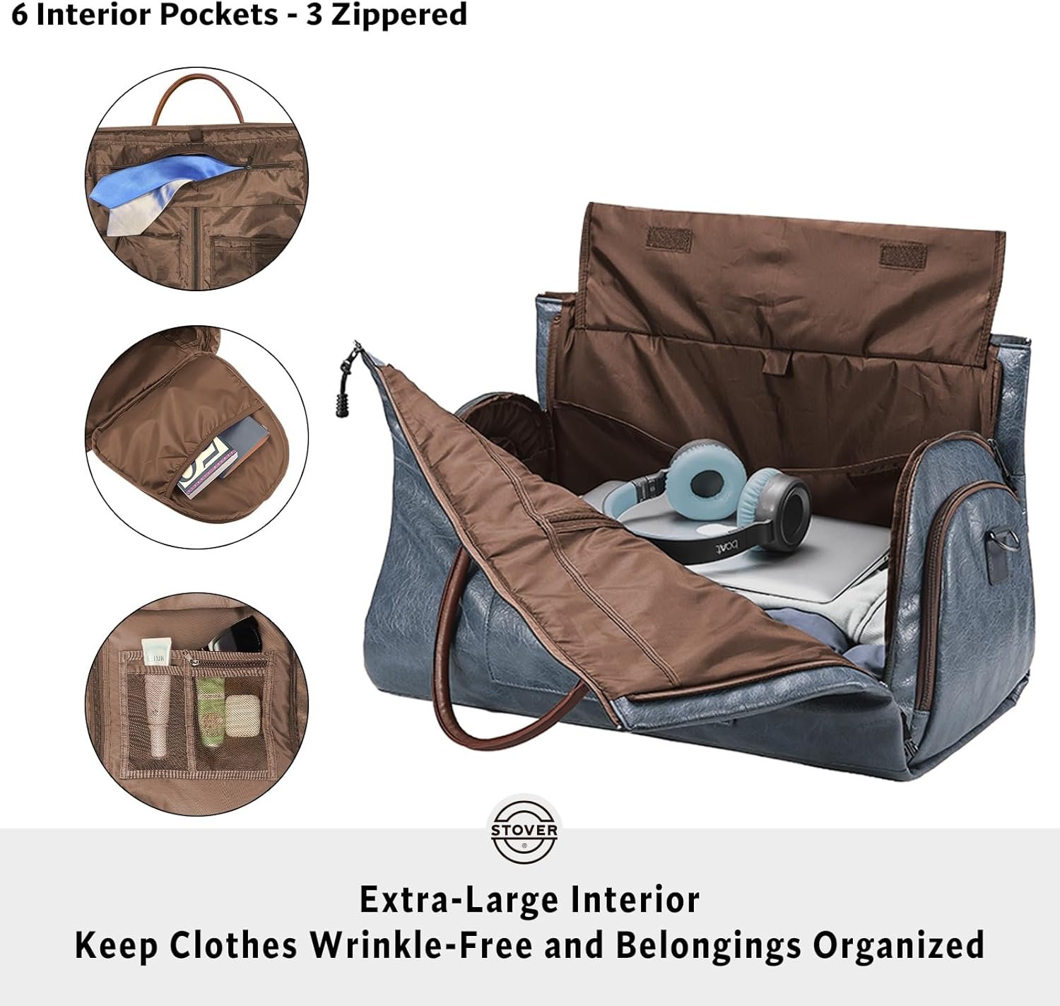 STOVER Garment Travel Duffle Bag, Large 2-in-1 Convertible Carry-on Luggage for Men & Women- Hanging Suits, Dresses & Clothes + Shoe Compartment- Weekender Tote Combo Duffel (Blue Leatherette) - Image 3
