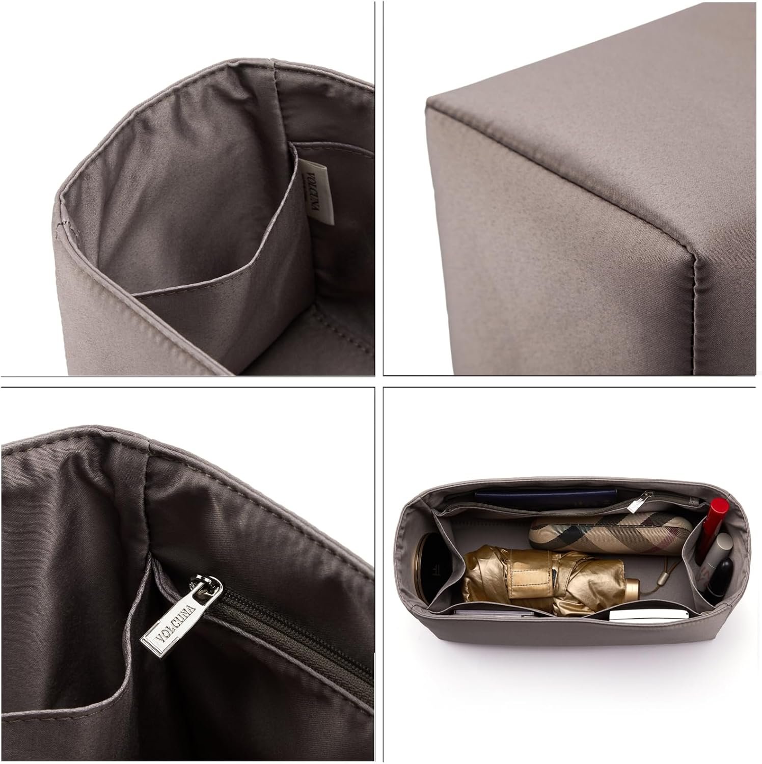 Universal Silk Purse Organizer Insert for Hermes Birkin Lindy 35 with Multiple Compartments and Zipper Pocket (Elephant Gray, 35) - Image 4