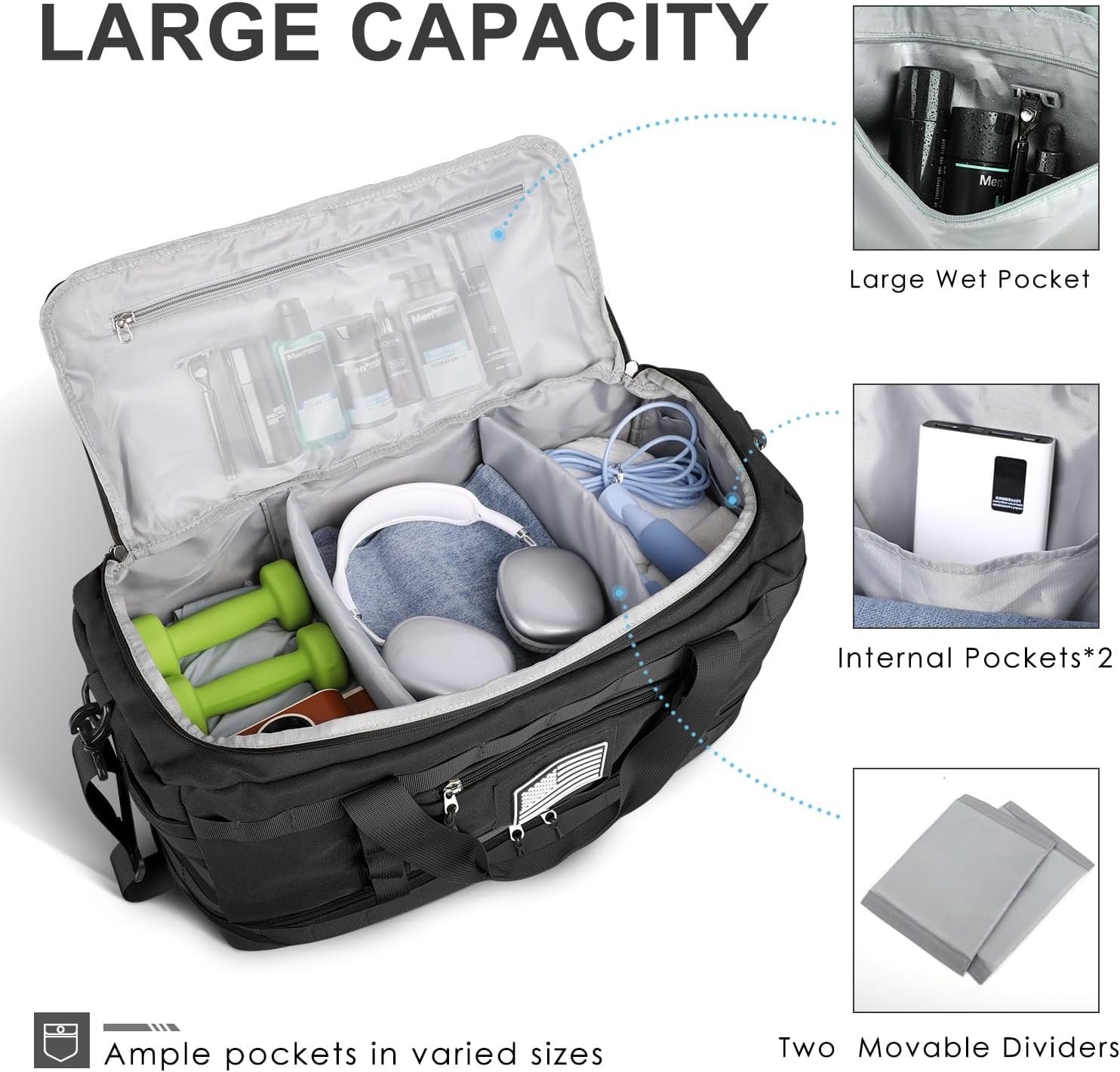 ETRONIK Gym Bag for Men Women, Carry on Luggage 22x14x9 Airline Approved, Tactical Travel Duffle Bag with Toiletry Bag and Shoe Compartment, Weekender Overnight with Wet Pocket for Workout, Black - Image 3