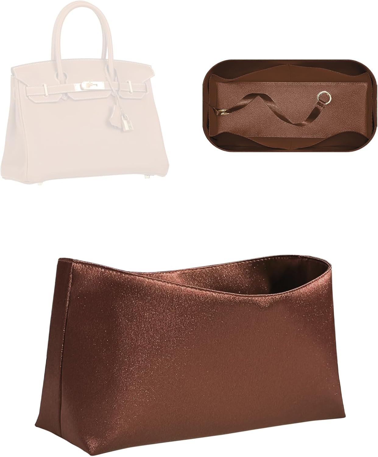 Purse Organizer Insert, Silk Satin Inner Liner Storage Bag Insert Fit for Hermes Birkin25/30/35 Handbag Soft Inside Bag In Bag Organizer (Style-01, 30size)