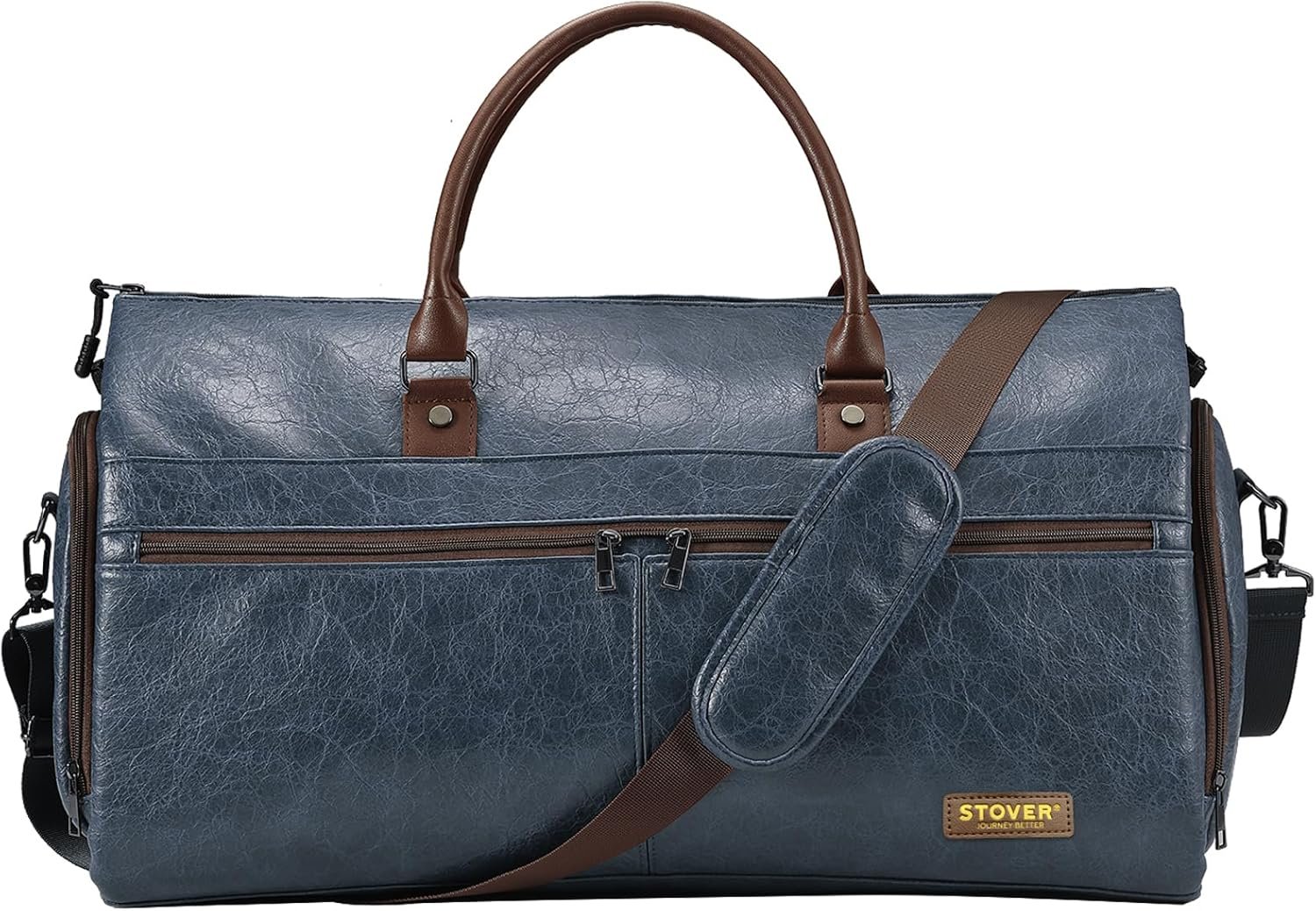 STOVER Garment Travel Duffle Bag, Large 2-in-1 Convertible Carry-on Luggage for Men & Women- Hanging Suits, Dresses & Clothes + Shoe Compartment- Weekender Tote Combo Duffel (Blue Leatherette) - Image 8