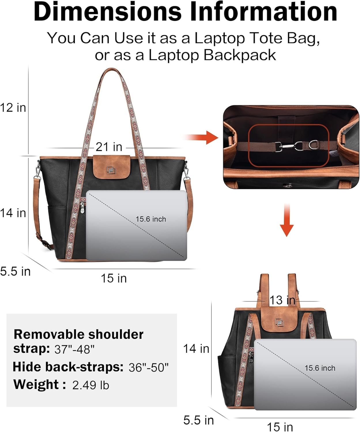 FADEON Large Laptop Tote Bag for Women Designer Leather Laptop Bag Fashion Travel Backpack Purse Shoulder Handbag - Image 3