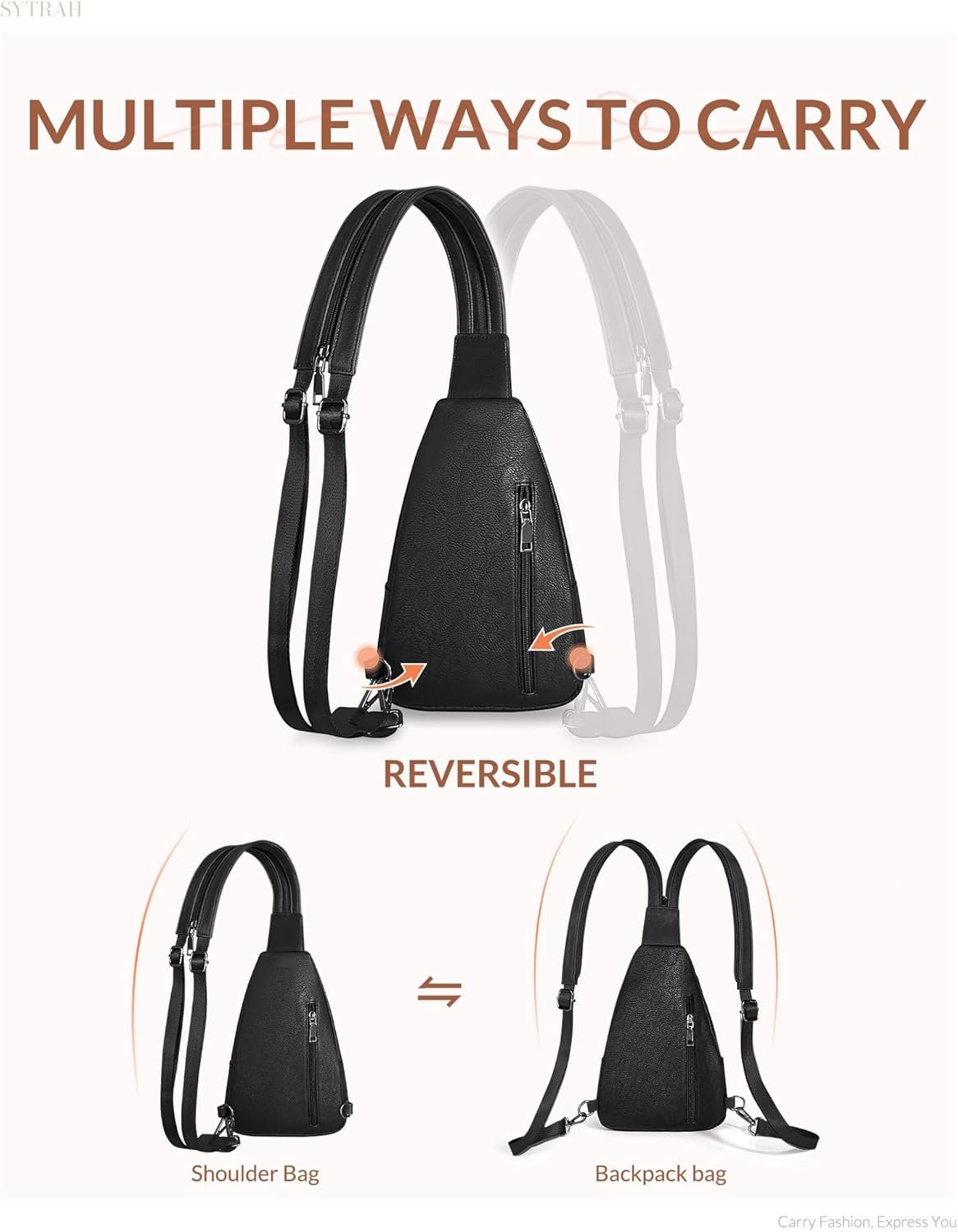 Sling Bag for Women, Crossbody Bags for Women Trendy Crossbody Purse Vegan Leather Sling Backpack Chest Bag with Dual Purpose Strap, Pure Black - Image 7