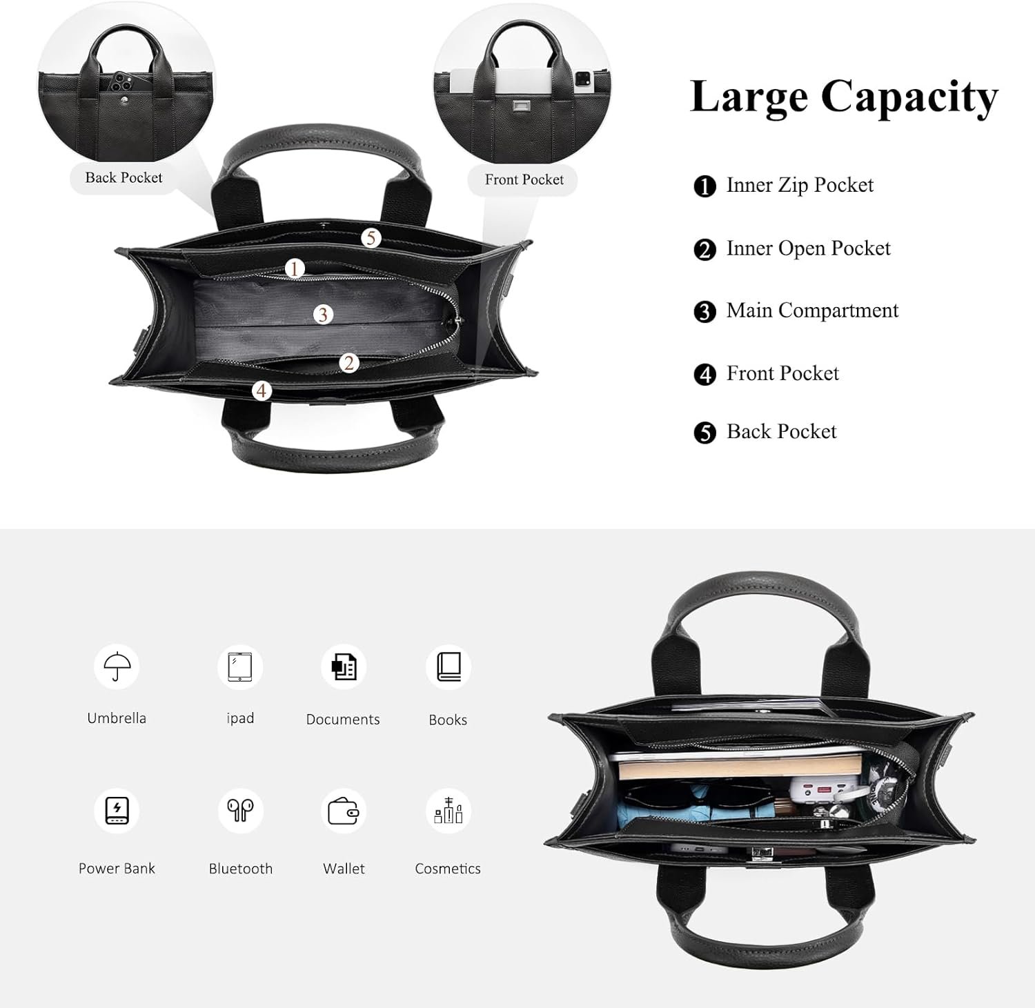 Genuine Leather Tote Bag for Women: Leather Work Bag with Compartments Handbags - Ladies Crossbody Shoulder Medium Purse - Image 5