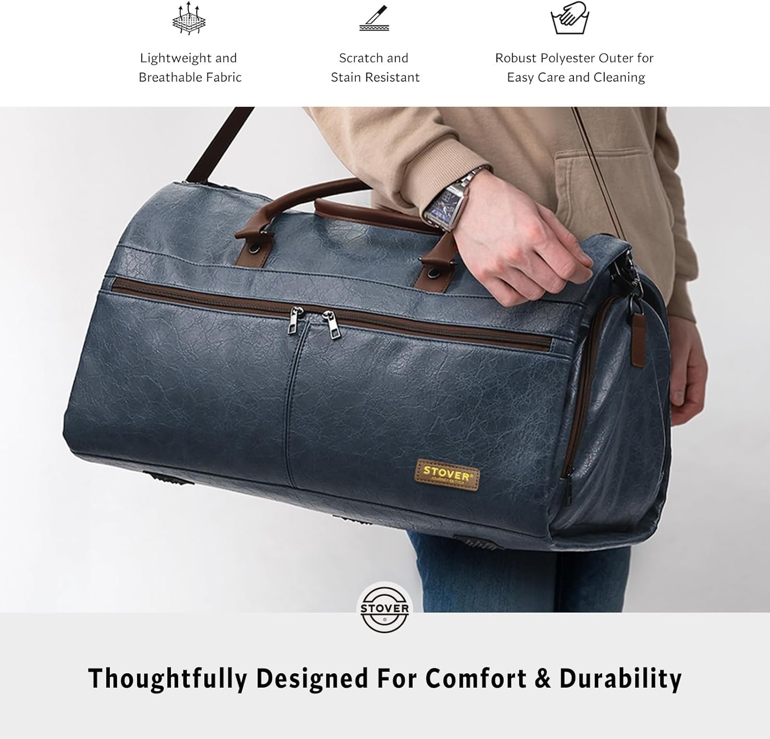 STOVER Garment Travel Duffle Bag, Large 2-in-1 Convertible Carry-on Luggage for Men & Women- Hanging Suits, Dresses & Clothes + Shoe Compartment- Weekender Tote Combo Duffel (Blue Leatherette) - Image 7