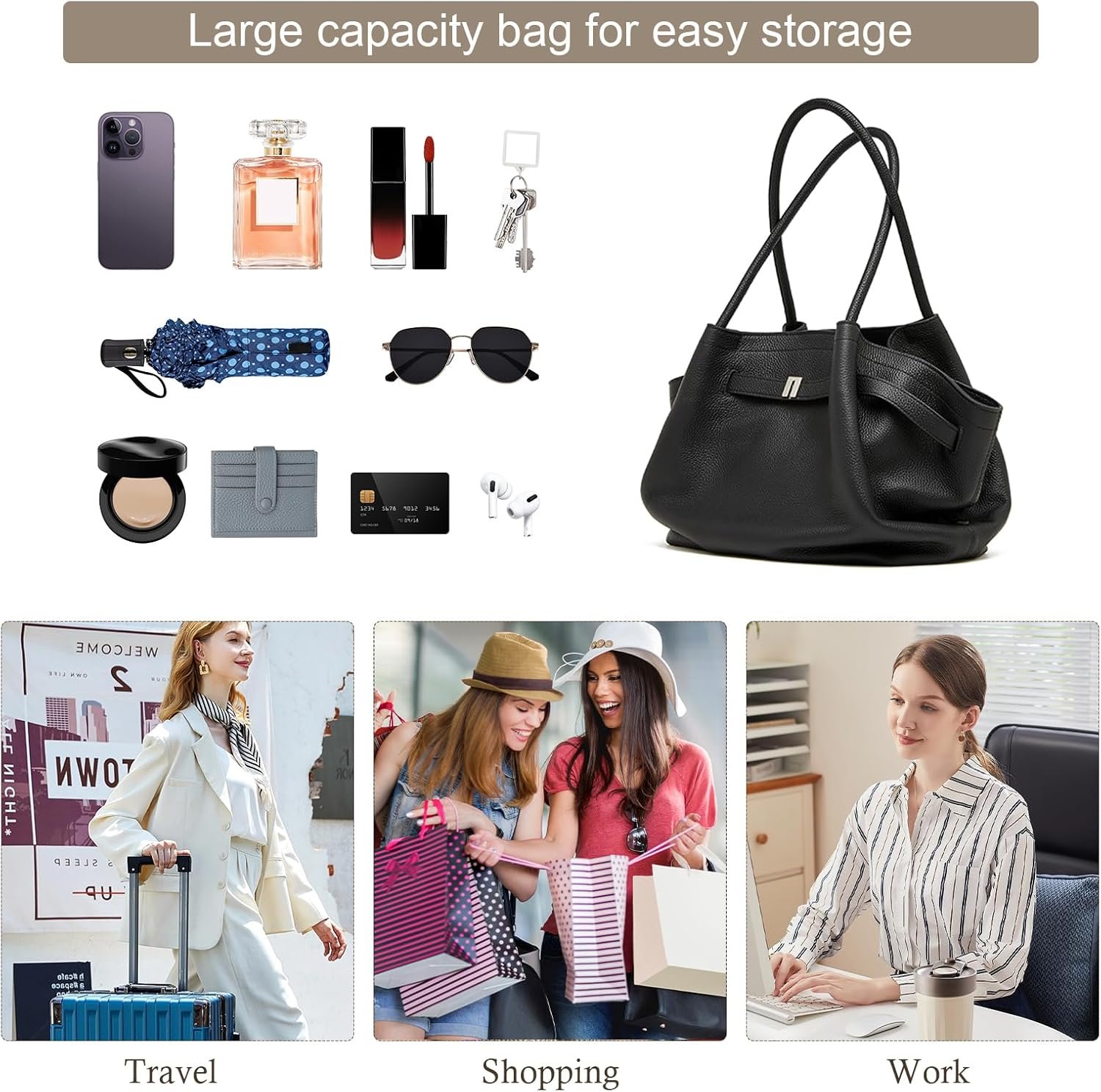 Leather Tote Bags for Women, Spacious Work Tote with Magnetic Closure Pocket, Minimalist Office Bags - Image 5