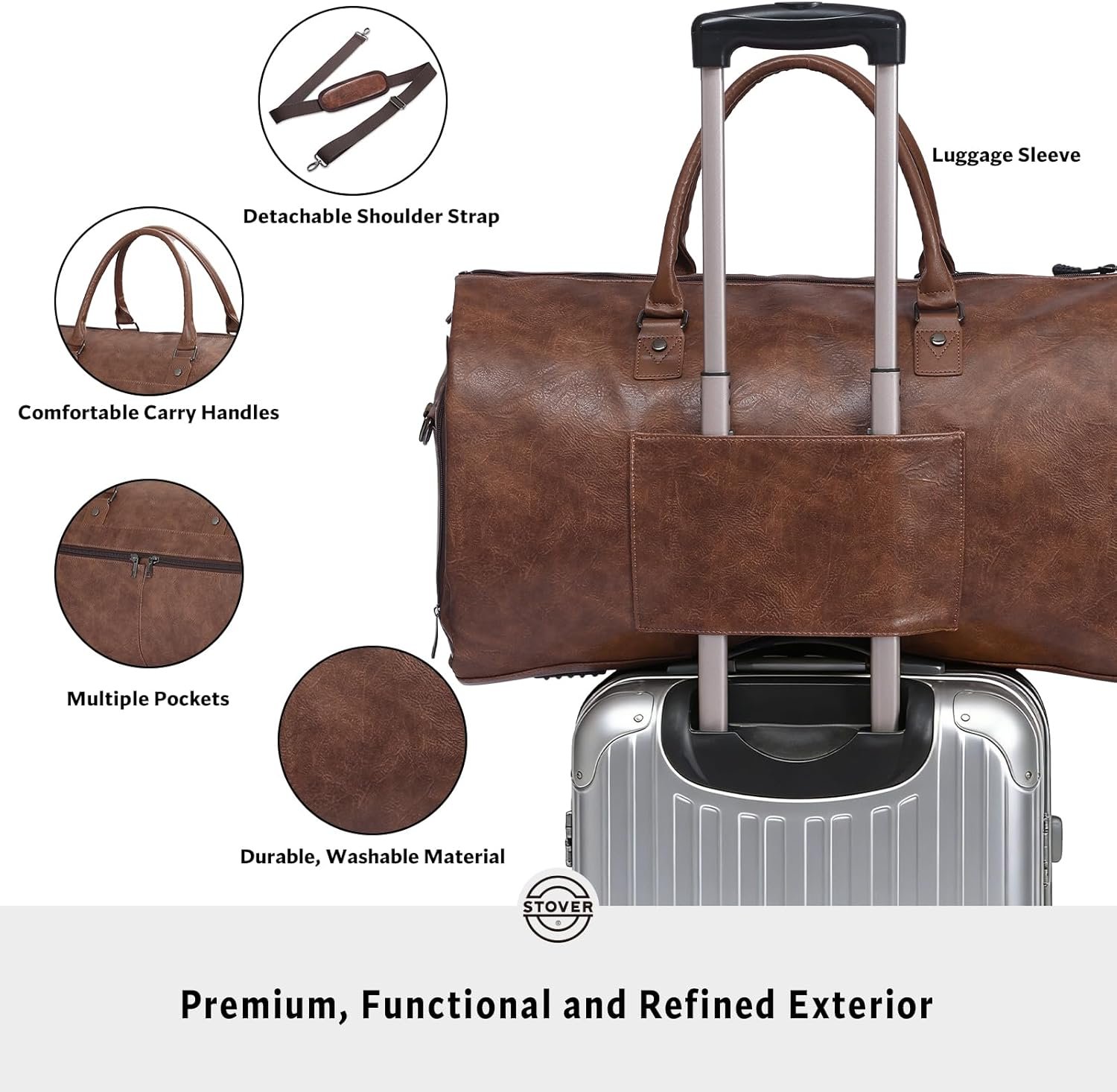 STOVER Garment Travel Duffle Bag, Large 2-in-1 Convertible Carry-on Luggage for Men & Women- Hanging Suits, Dresses & Clothes + Shoe Compartment- Weekender Tote Combo Duffel (Brown Leatherette) - Image 4