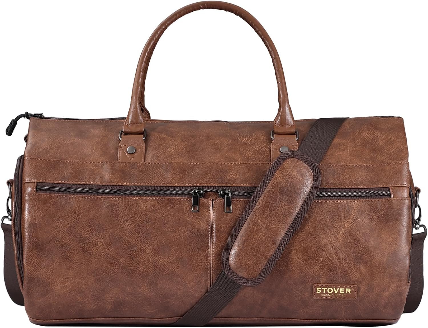 STOVER Garment Travel Duffle Bag, Large 2-in-1 Convertible Carry-on Luggage for Men & Women- Hanging Suits, Dresses & Clothes + Shoe Compartment- Weekender Tote Combo Duffel (Brown Leatherette) - Image 8