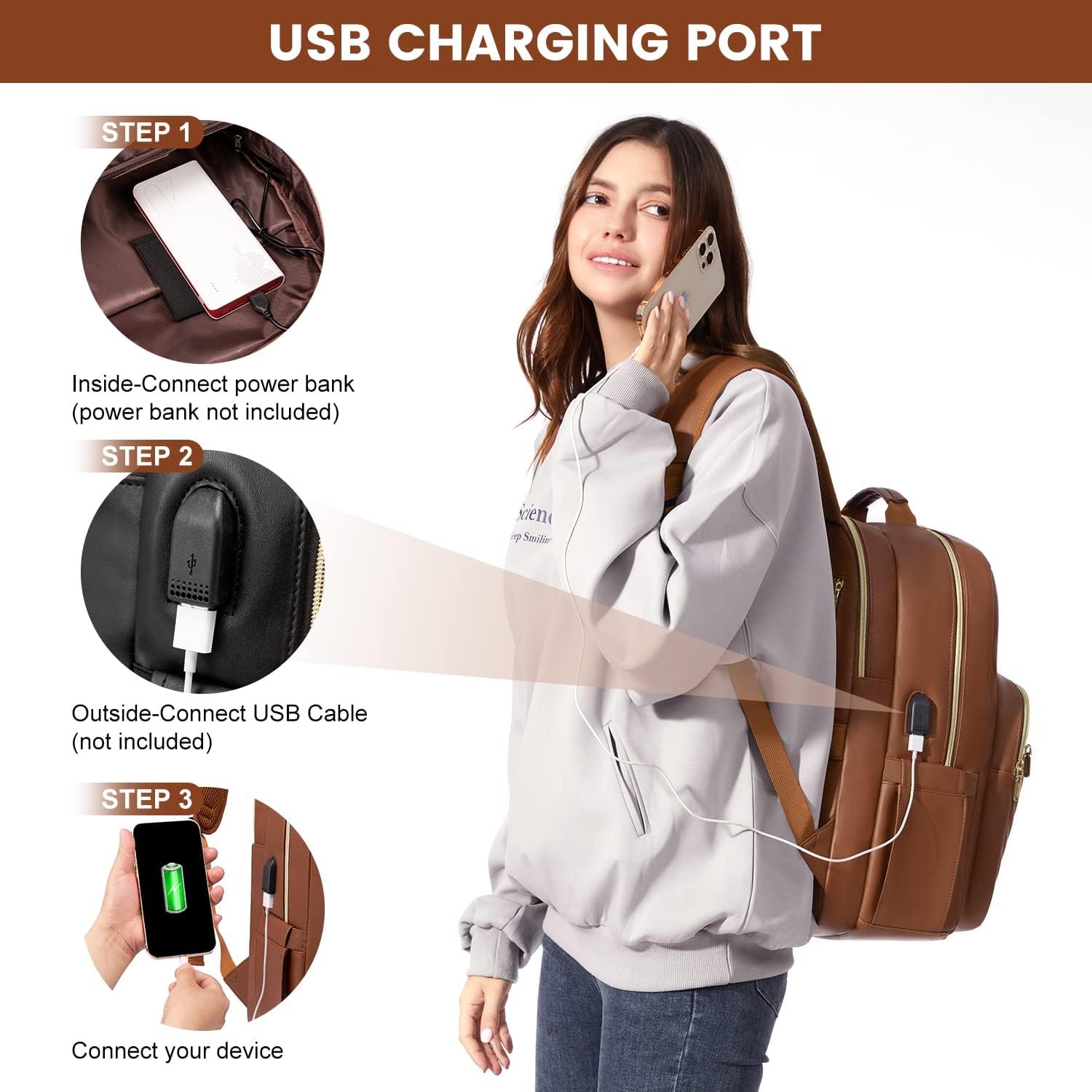 LOVEVOOK Laptop Backpack Purse for Women, Large Capacity Travel Computer Work Bag, Faux PU Leather Quilted Casual Nurse Backpack for Womens, Fit 15.6 Inch Laptop with USB Port, Brown - Image 6