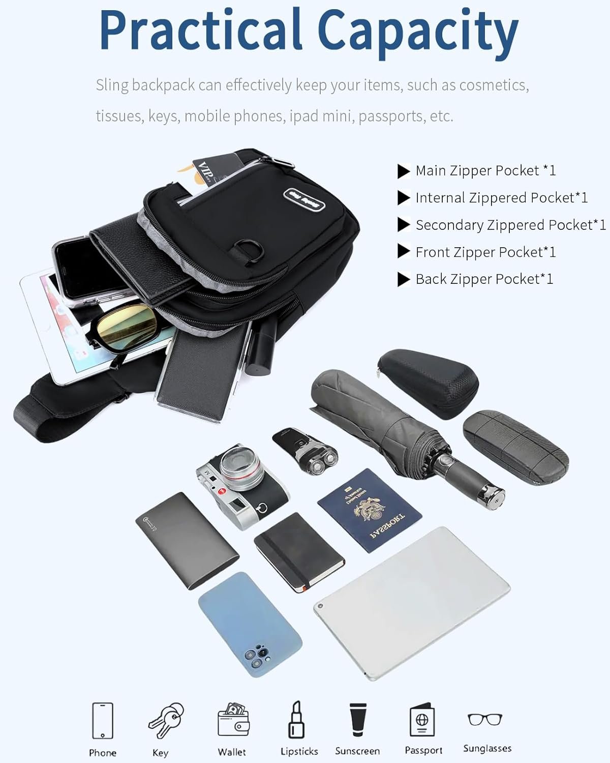 Seoky Rop Sling Bag for Women Men One Shoulder Crossbody Bag Backpack Fanny Pack Cross Body Bags for Travel Day Trip Black - Image 5