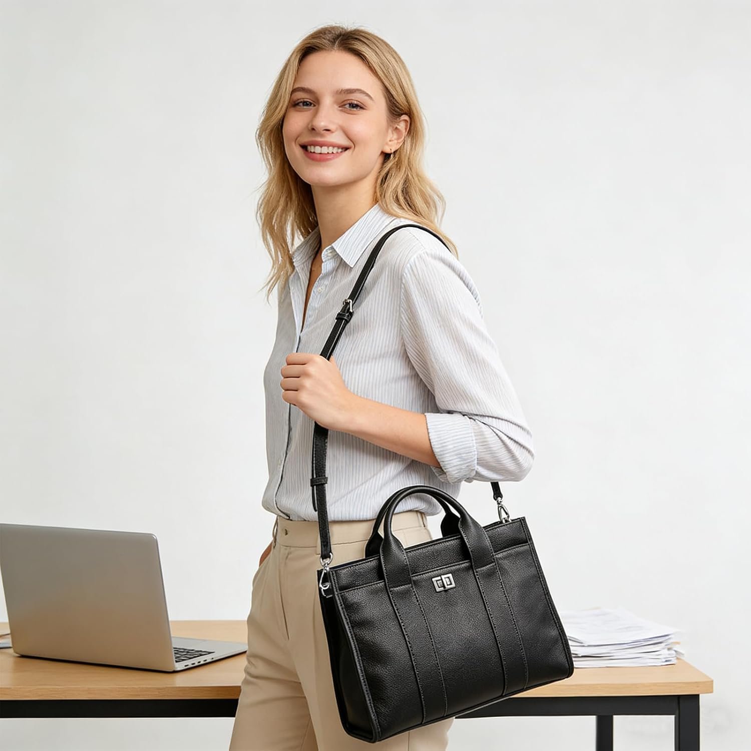 Genuine Leather Tote Bag for Women: Leather Work Bag with Compartments Handbags - Ladies Crossbody Shoulder Medium Purse - Image 2