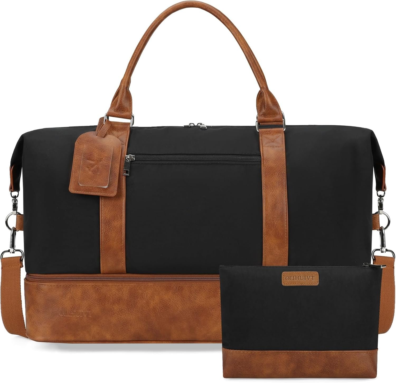 Oeihuivt Weekender Bags for Women - 21 Inch Large Travel Duffel Bag 2-Piece Set with Shoe Compartment, Heavy-Duty Canvas Leather Carry On Overnight Tote