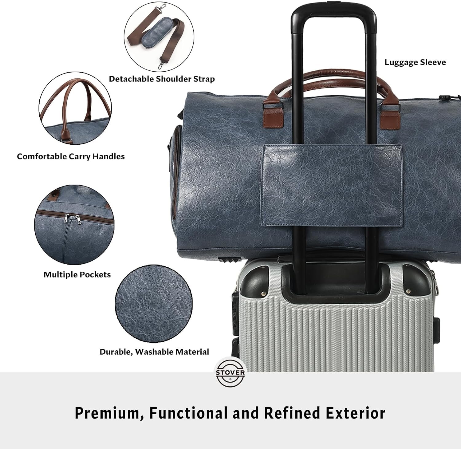 STOVER Garment Travel Duffle Bag, Large 2-in-1 Convertible Carry-on Luggage for Men & Women- Hanging Suits, Dresses & Clothes + Shoe Compartment- Weekender Tote Combo Duffel (Blue Leatherette) - Image 4