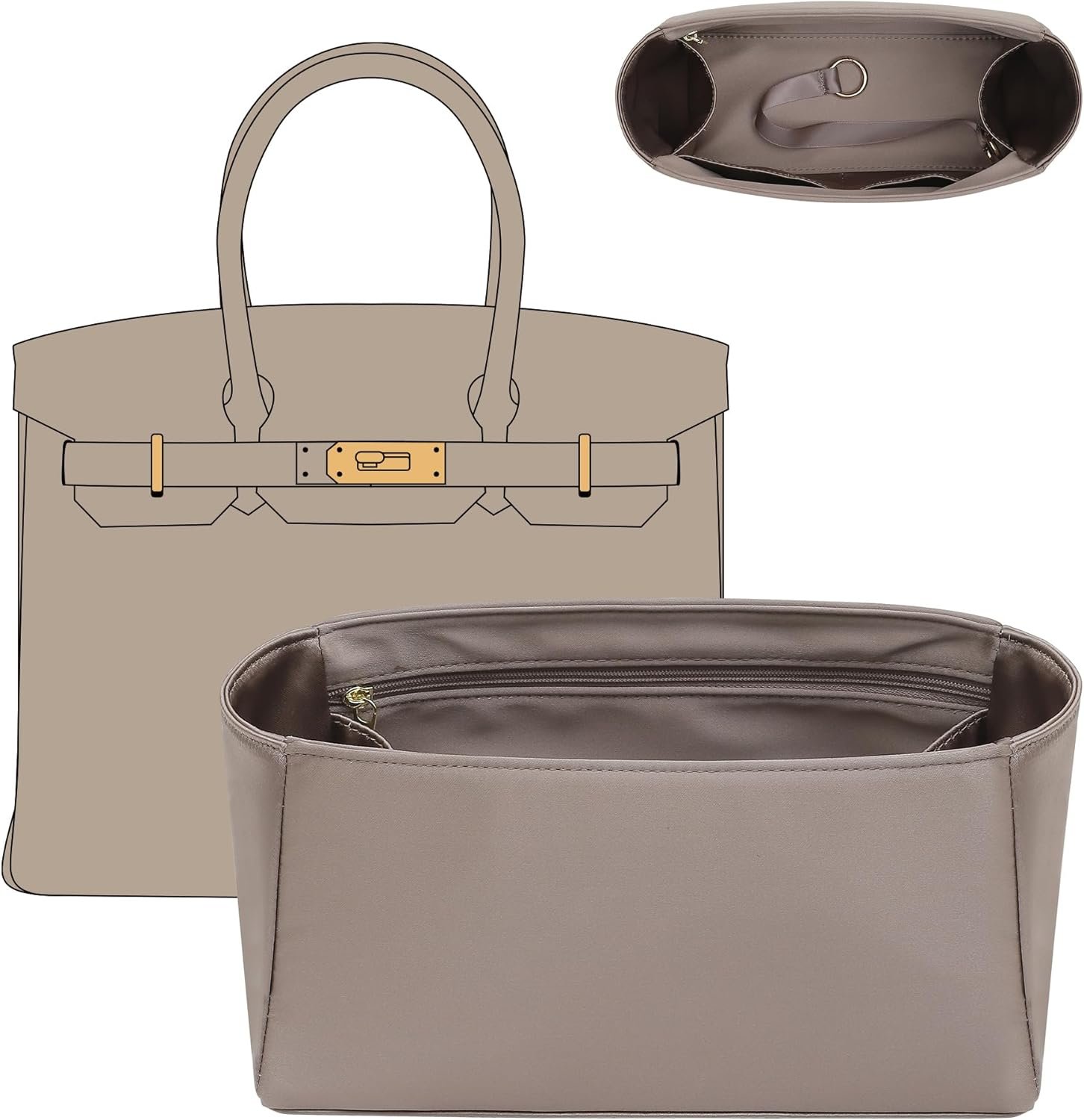 Doxo Professional Satin Purse Insert for Birkin 30 - High-End Bag Shaper with Silky Smooth Surface - Hermes Birkin 30 Insert Organizer with Multicolor Options (BR30, Etoupe Grey)