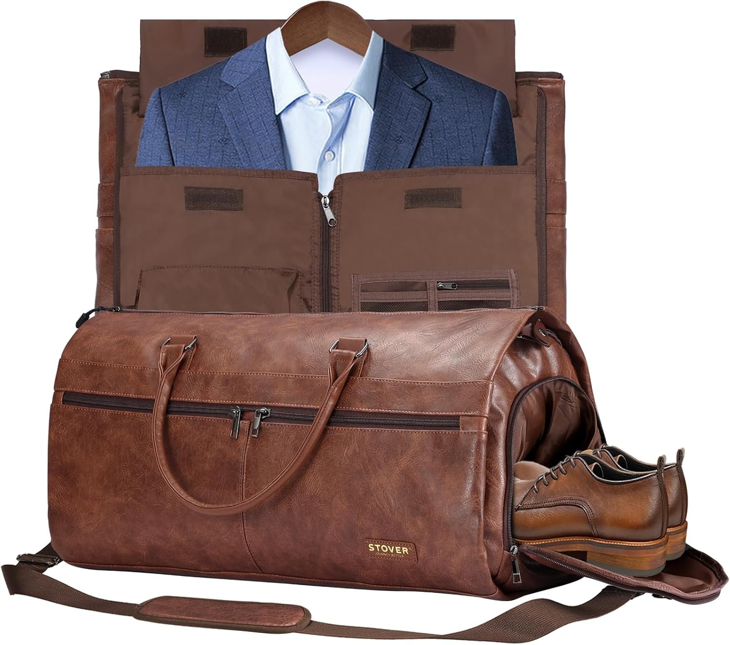 STOVER Garment Travel Duffle Bag, Large 2-in-1 Convertible Carry-on Luggage for Men & Women- Hanging Suits, Dresses & Clothes + Shoe Compartment- Weekender Tote Combo Duffel (Brown Leatherette)
