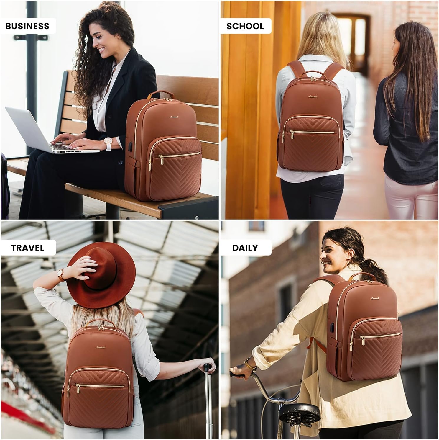 LOVEVOOK Laptop Backpack Purse for Women, Large Capacity Travel Computer Work Bag, Faux PU Leather Quilted Casual Nurse Backpack for Womens, Fit 15.6 Inch Laptop with USB Port, Brown - Image 5