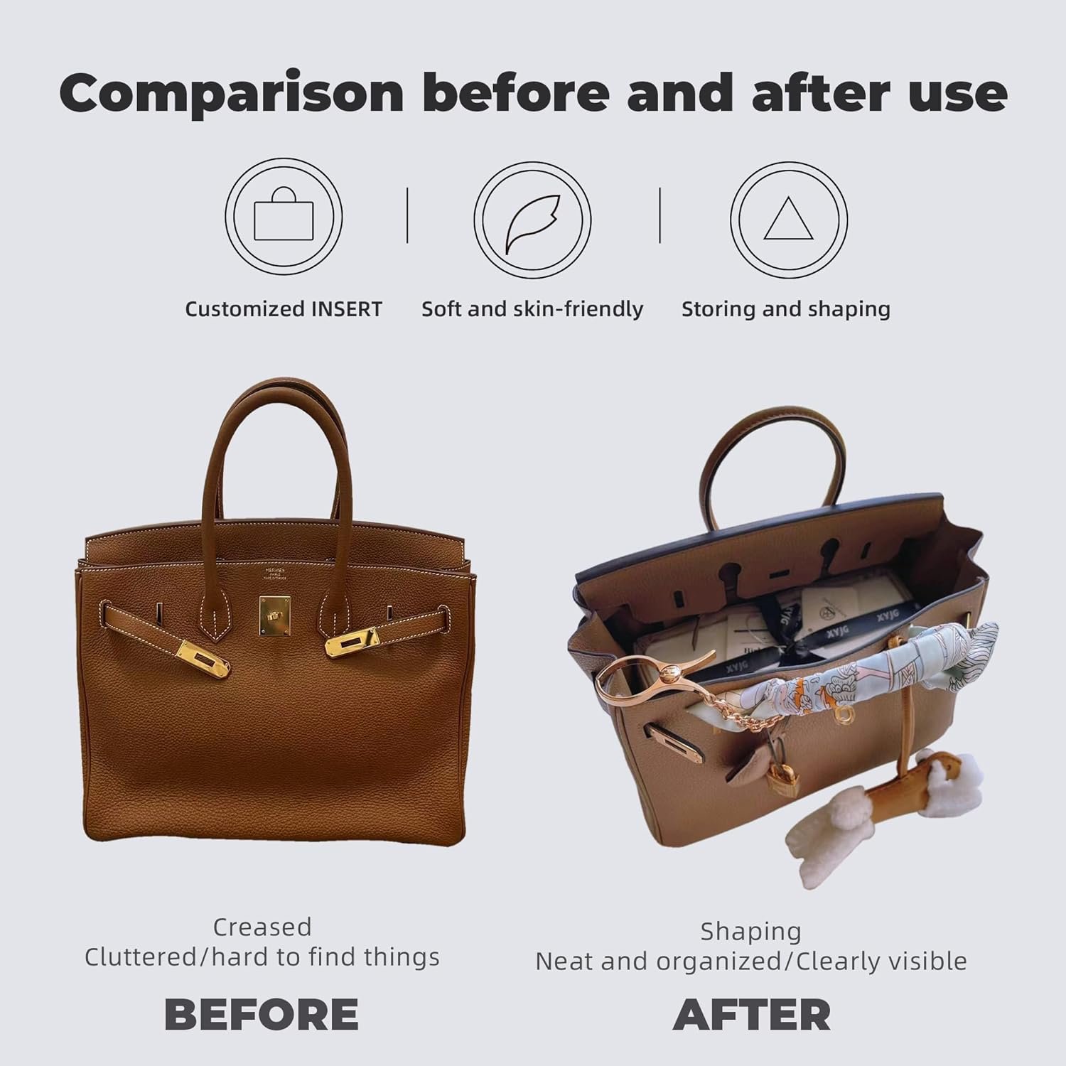 Purse Handbag Silky Organizer Insert Keep Bag Shape Fits Herme Birkin 20/25/30/35/40 bags, Luxury Handbag Tote Lightweight Sturdy(Etoupe grey,BK 35) - Image 2