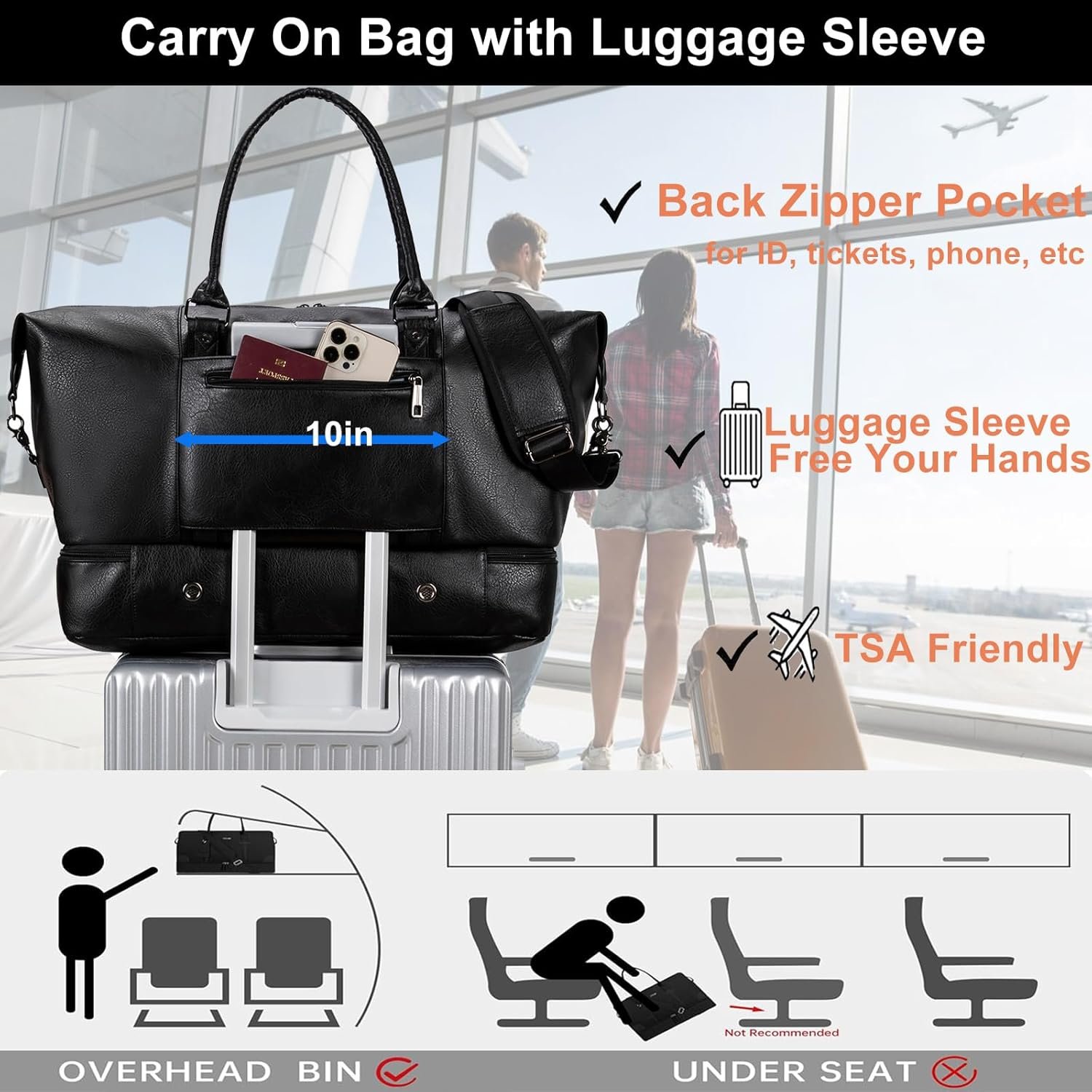 weiatas Faux Leather Travel Duffel Bag for Women Men, Large Weekender Overnight Bag with Shoes Compartment, Waterproof Carry On Bag Travel Tote Bag Gym Bag with Luggage Strap (Black) - Image 4