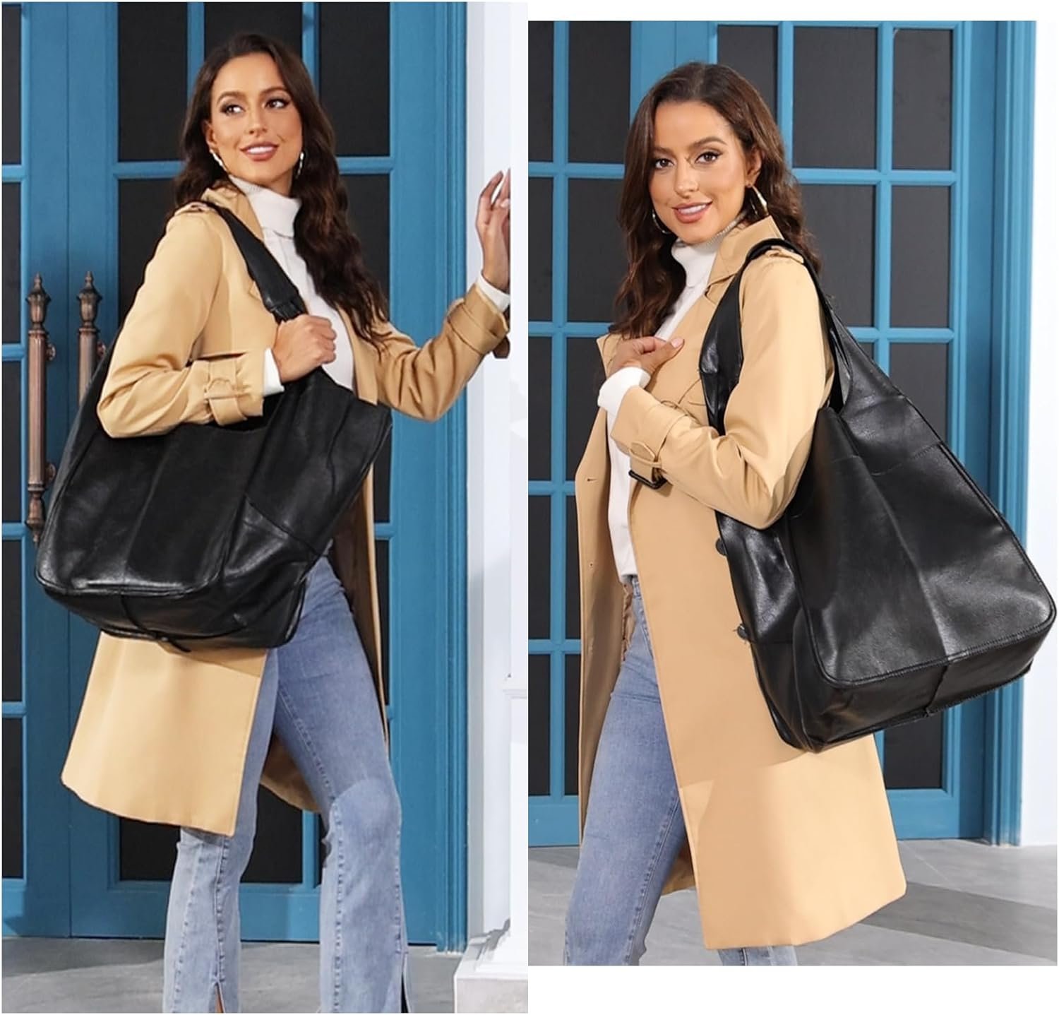 KlaOYer Oversized Leather Tote Bag Huge Capacity Work Hobo Pu Leather Bucket Purse And Handbag Large Soft Travel Shopping Bag - Image 2