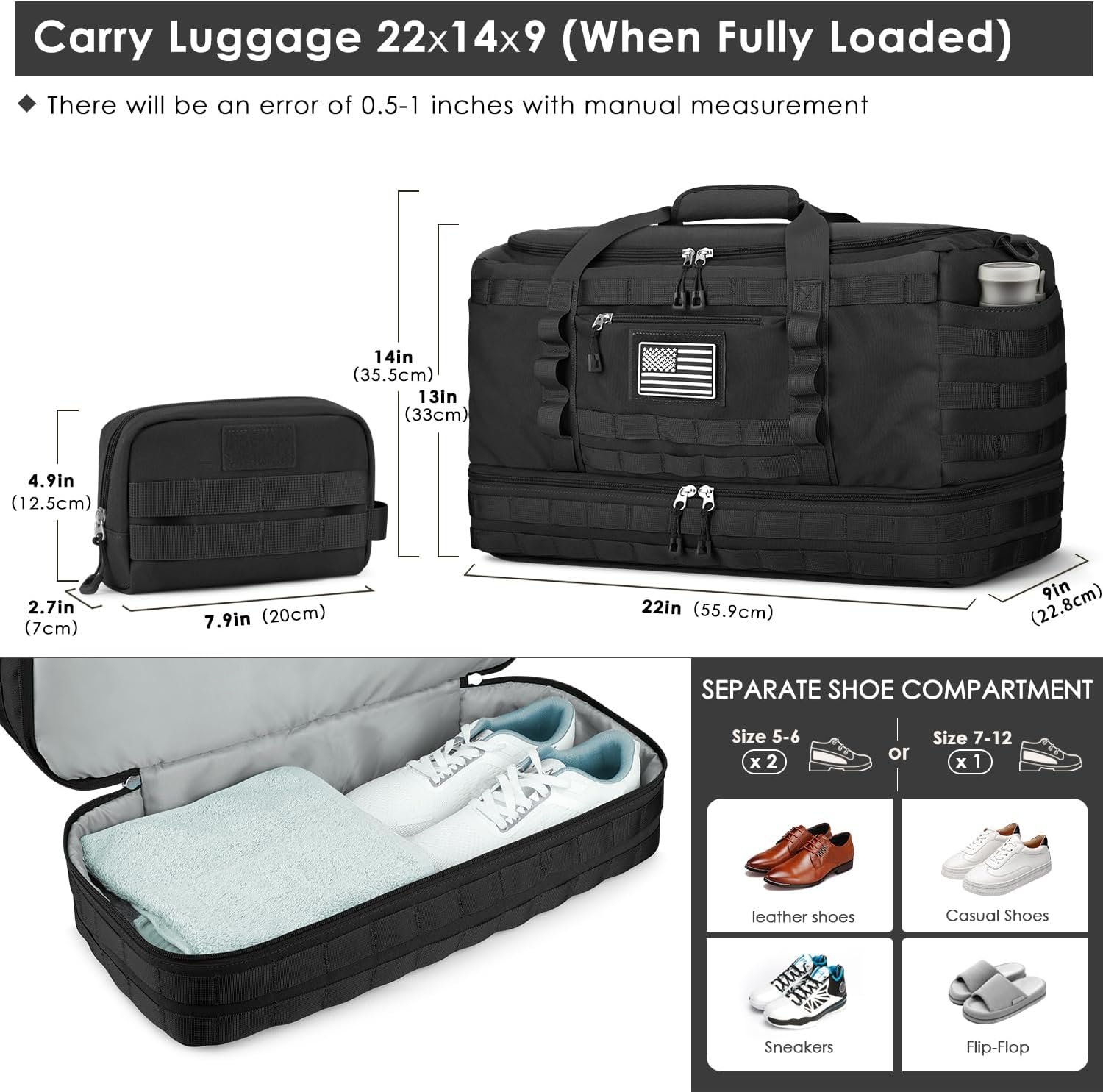 ETRONIK Gym Bag for Men Women, Carry on Luggage 22x14x9 Airline Approved, Tactical Travel Duffle Bag with Toiletry Bag and Shoe Compartment, Weekender Overnight with Wet Pocket for Workout, Black - Image 4