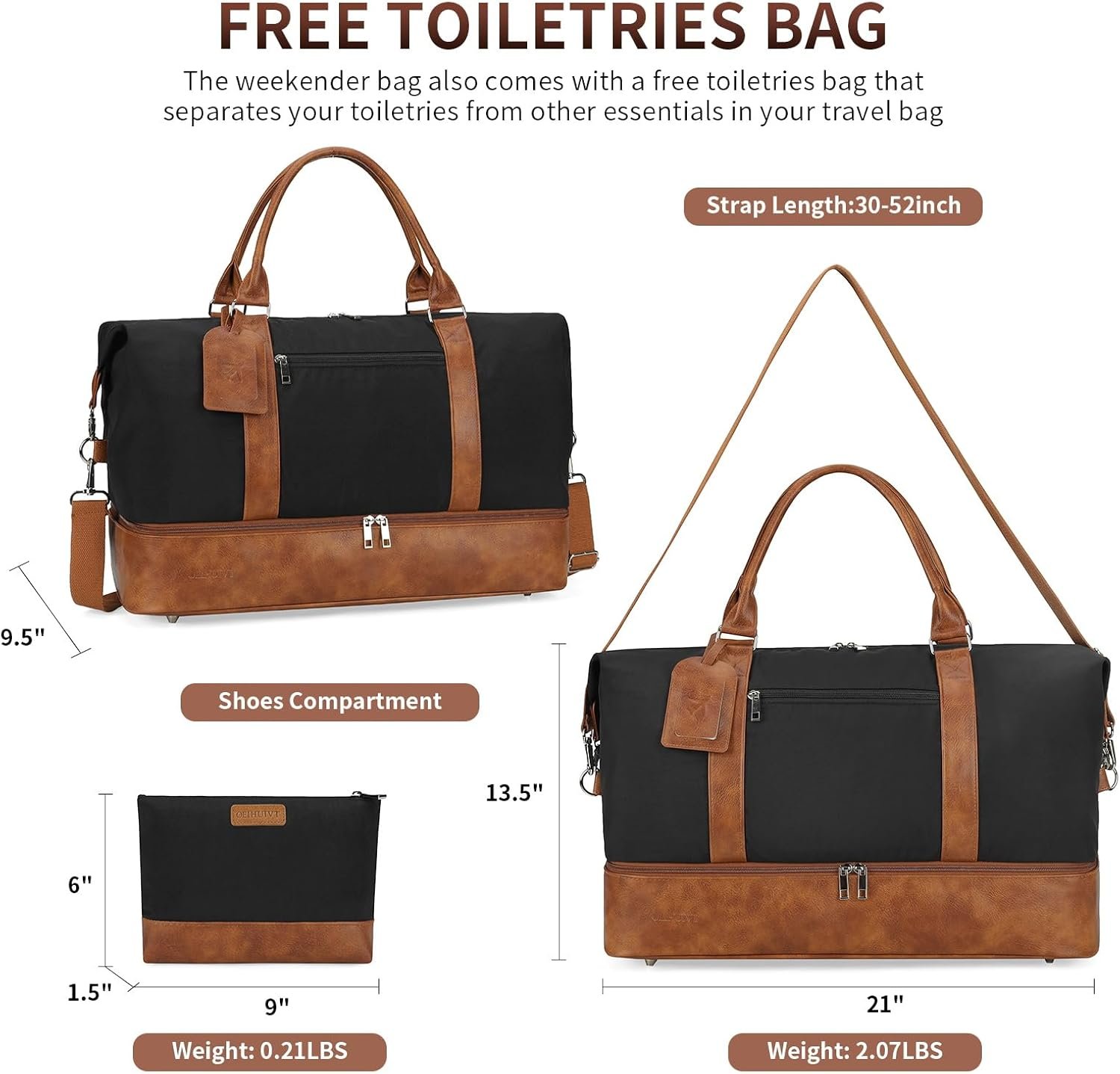 Oeihuivt Weekender Bags for Women - 21 Inch Large Travel Duffel Bag 2-Piece Set with Shoe Compartment, Heavy-Duty Canvas Leather Carry On Overnight Tote - Image 7