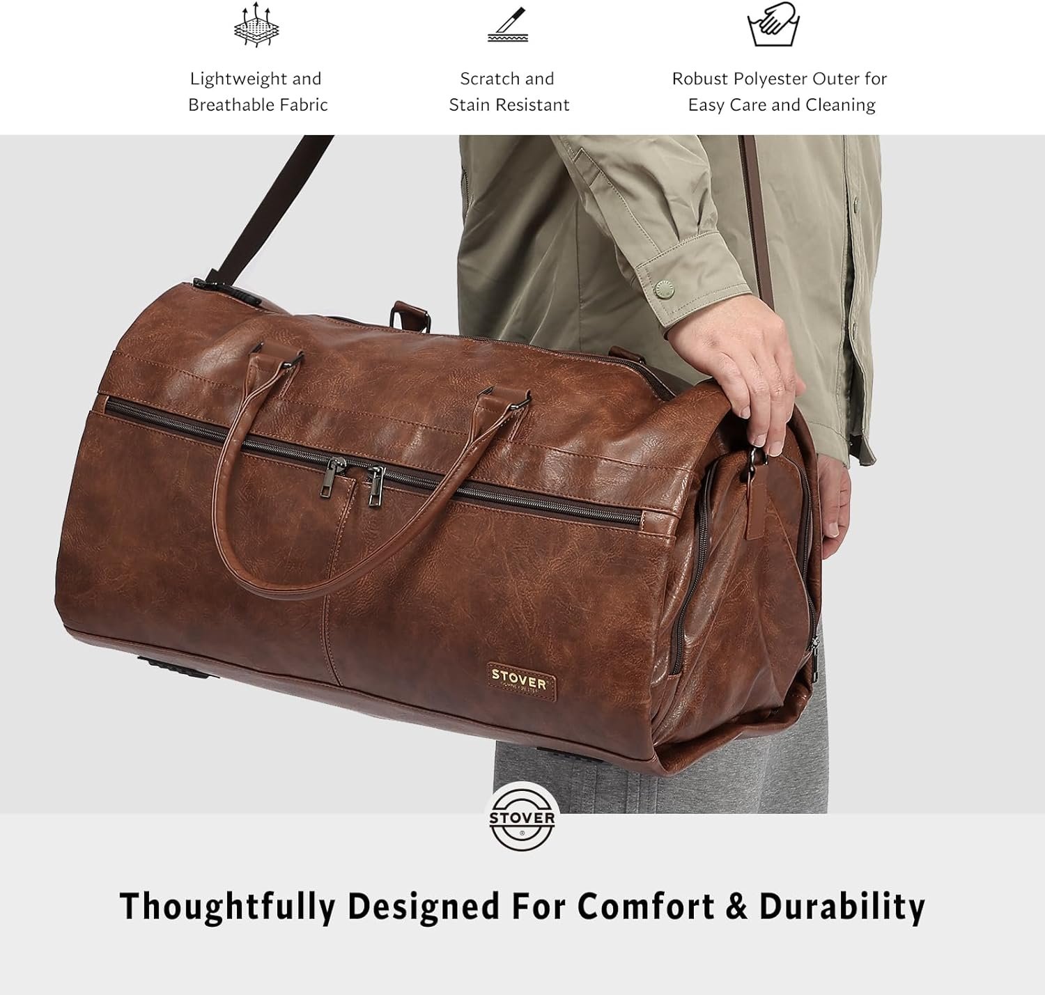 STOVER Garment Travel Duffle Bag, Large 2-in-1 Convertible Carry-on Luggage for Men & Women- Hanging Suits, Dresses & Clothes + Shoe Compartment- Weekender Tote Combo Duffel (Brown Leatherette) - Image 7