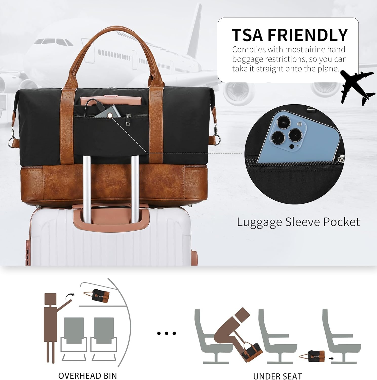 Oeihuivt Weekender Bags for Women - 21 Inch Large Travel Duffel Bag 2-Piece Set with Shoe Compartment, Heavy-Duty Canvas Leather Carry On Overnight Tote - Image 6