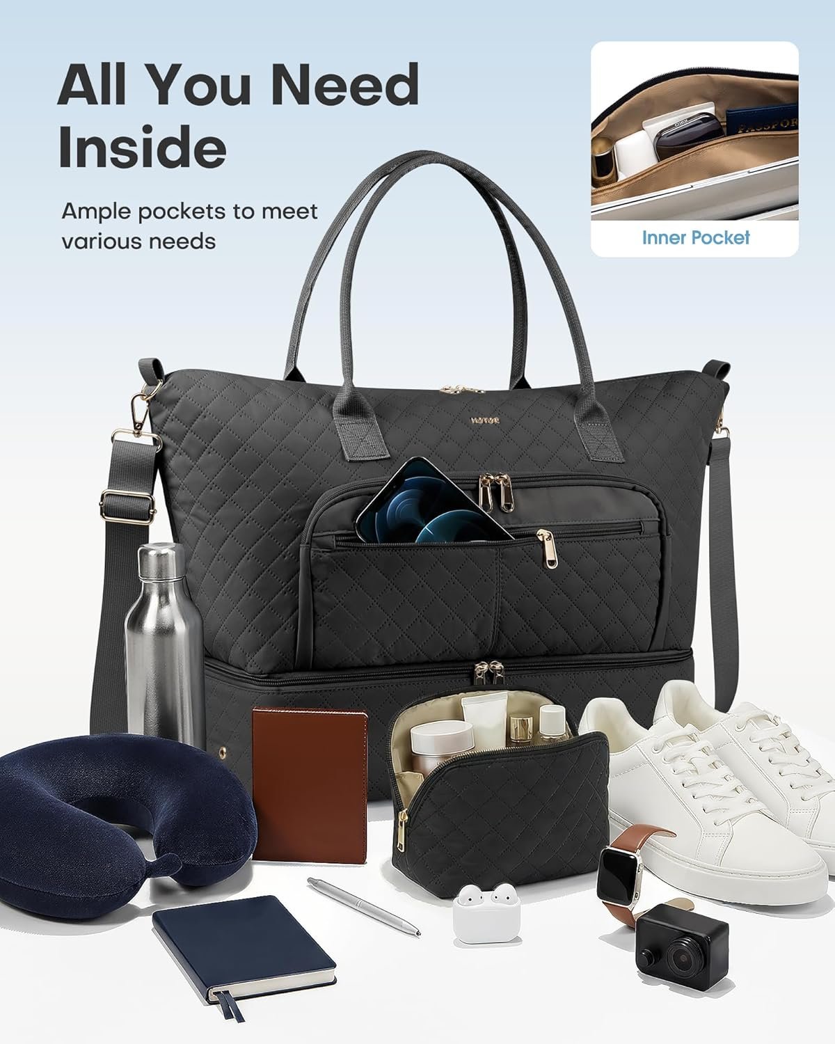 HOTOR Travel Duffle Bag for Women - Carry on Bag with Toiletry Pouch & Shoe Compartment, Large Overnight Weekender Bags for Gym, Business Trips, Sports and Hospital, Black, 17.3" x 7.9" x 13.4" - Image 4